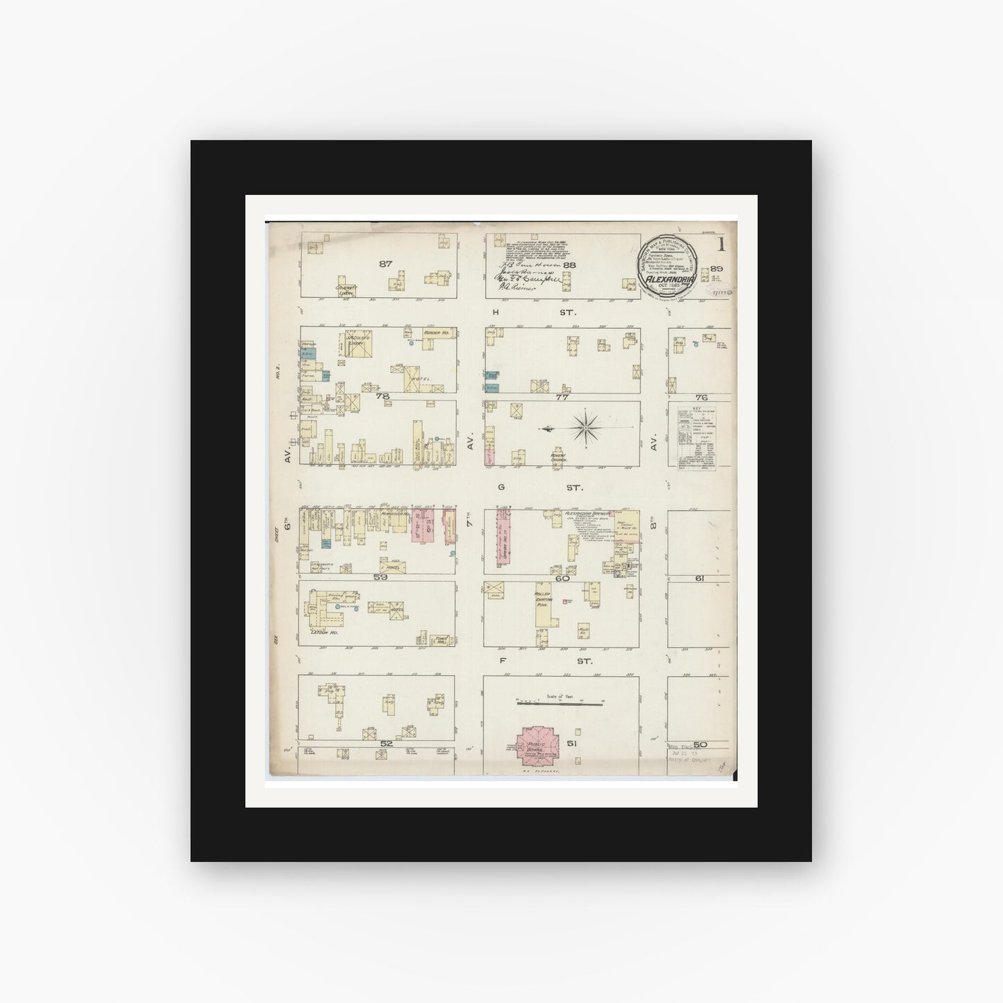 Old map wall art mockup — black gallery frame with white mat — Sanborn Fire Insurance Map from Alexandria, Douglas County, Minnesota (1885) - Complete Map Set