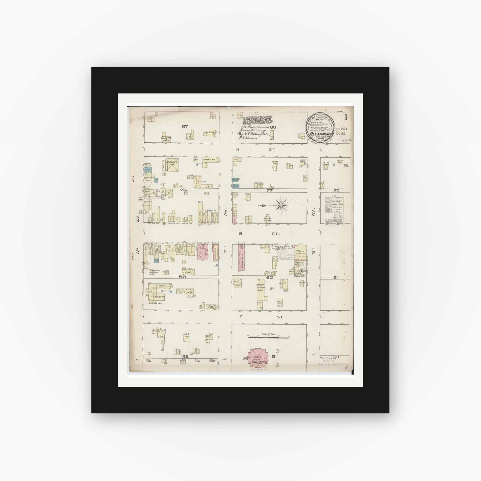 Old map wall art mockup — black gallery frame with white mat — Sanborn Fire Insurance Map from Alexandria, Douglas County, Minnesota (1885) - Complete Map Set