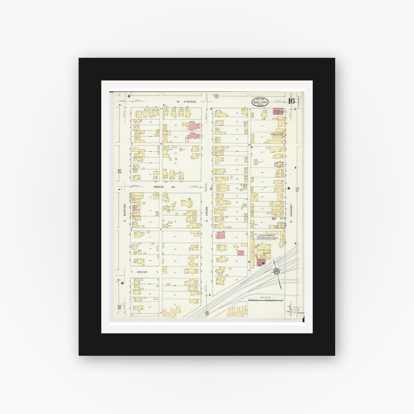 Old map wall art mockup — black gallery frame with white mat — Sanborn Fire Insurance Map from Galion, Crawford County, Ohio (1913), Sheet #0016