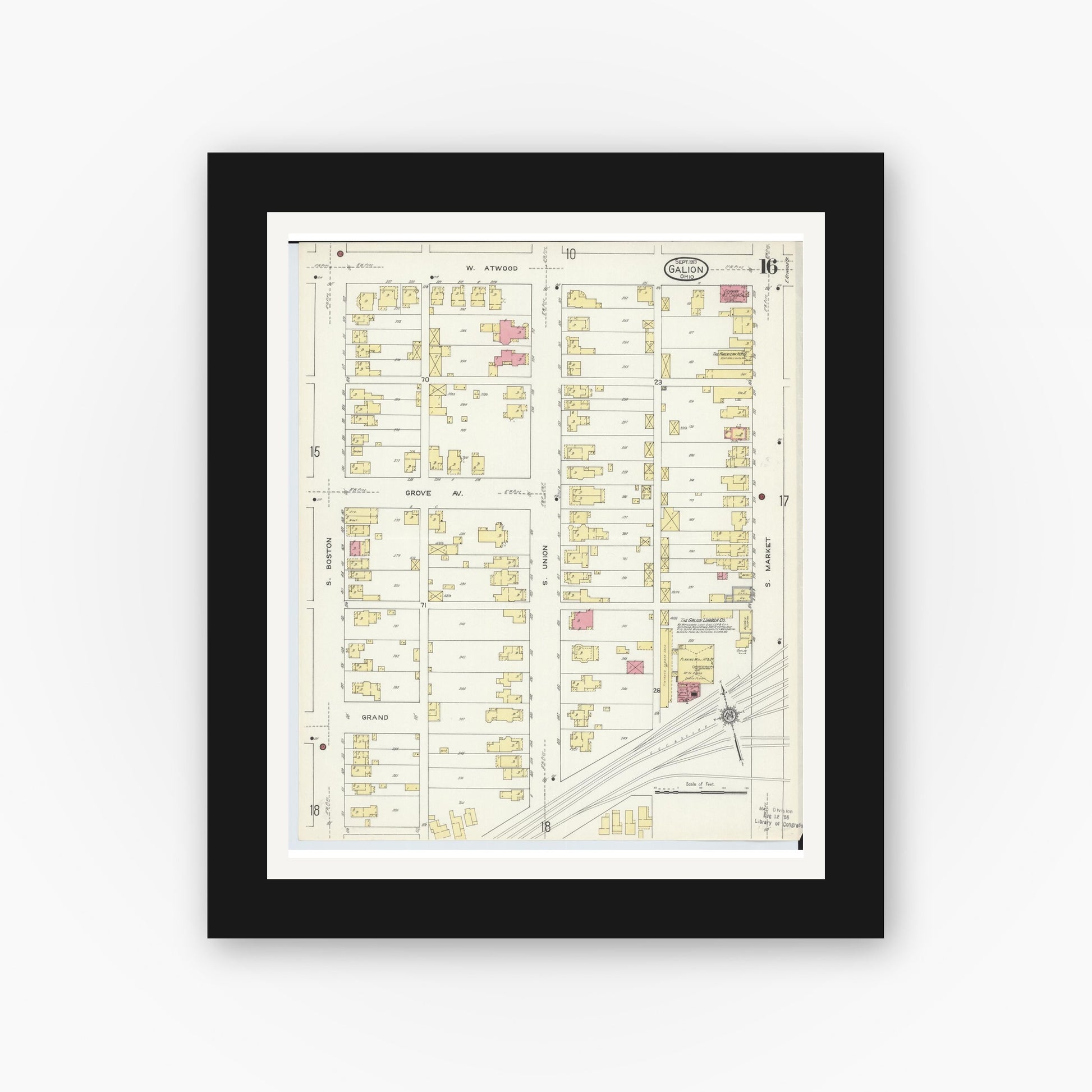 Old map wall art mockup — black gallery frame with white mat — Sanborn Fire Insurance Map from Galion, Crawford County, Ohio (1913), Sheet #0016