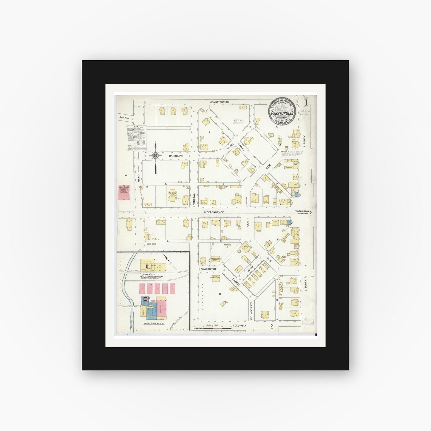 Old map wall art mockup — black gallery frame with white mat — Sanborn Fire Insurance Map from Perryopolis, Fayette County, Pennsylvania (1911) - Complete Map Set