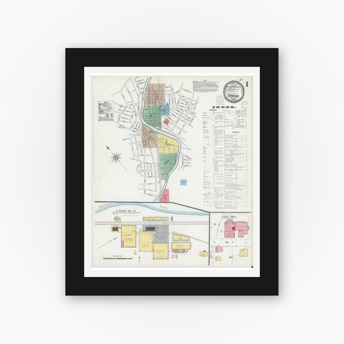 Old map wall art mockup — black gallery frame with white mat — Sanborn Fire Insurance Map from Carnegie, Allegheny County, Pennsylvania (1901) - Complete Map Set