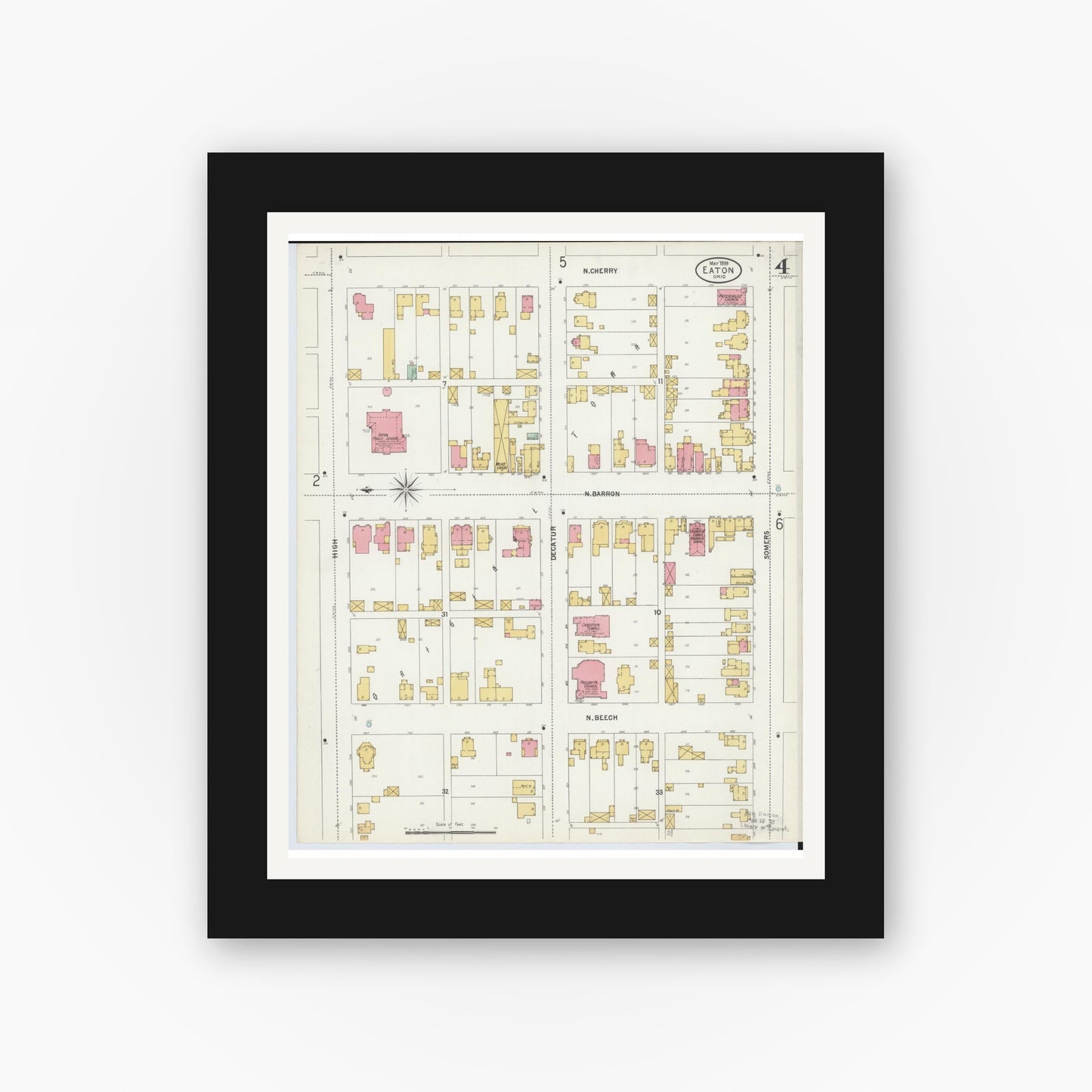Old map wall art mockup — black gallery frame with white mat — Sanborn Fire Insurance Map from Eaton, Preble County, Ohio (1899), Sheet #0004