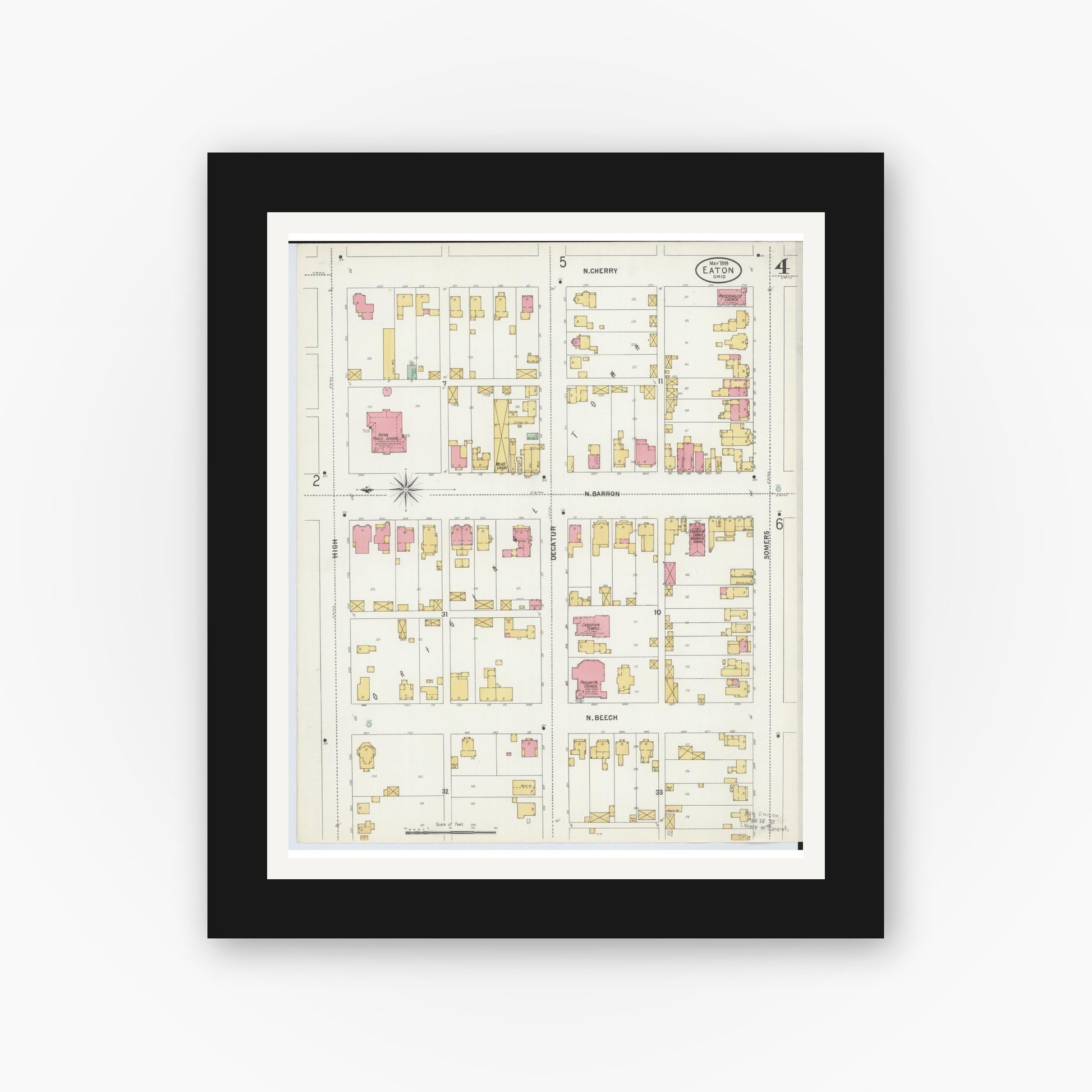 Old map wall art mockup — black gallery frame with white mat — Sanborn Fire Insurance Map from Eaton, Preble County, Ohio (1899), Sheet #0004