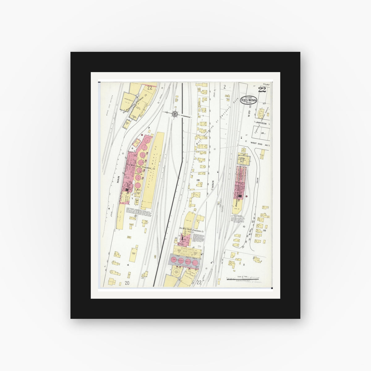 Old map wall art mockup — black gallery frame with white mat — Sanborn Fire Insurance Map from Red Wing, Goodhue County, Minnesota (1917), Sheet #0022