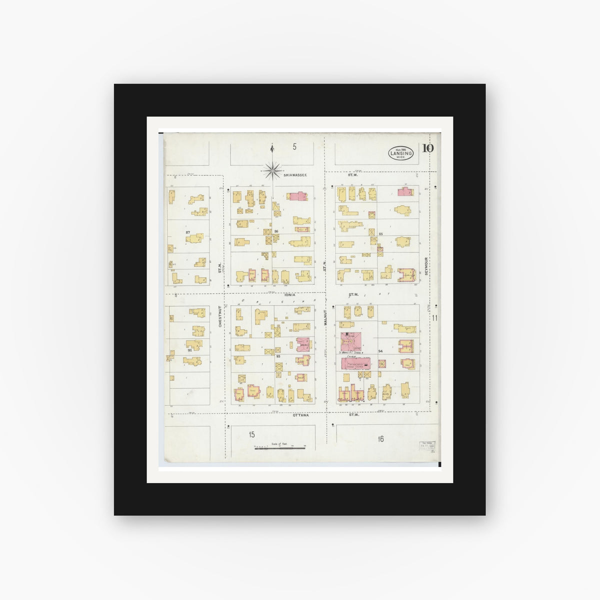 Old map wall art mockup — black gallery frame with white mat — Sanborn Fire Insurance Map from Lansing, Ingham County, Michigan (1906), Sheet #0010