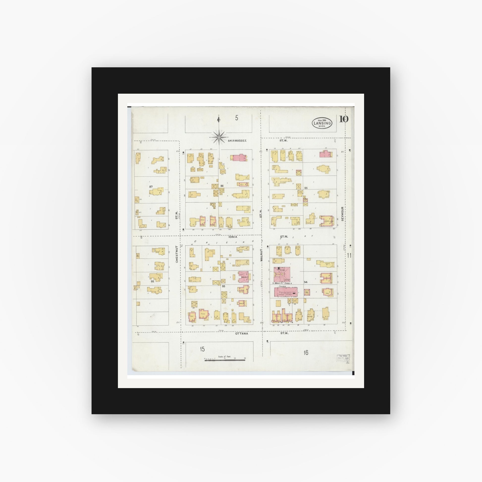 Old map wall art mockup — black gallery frame with white mat — Sanborn Fire Insurance Map from Lansing, Ingham County, Michigan (1906), Sheet #0010