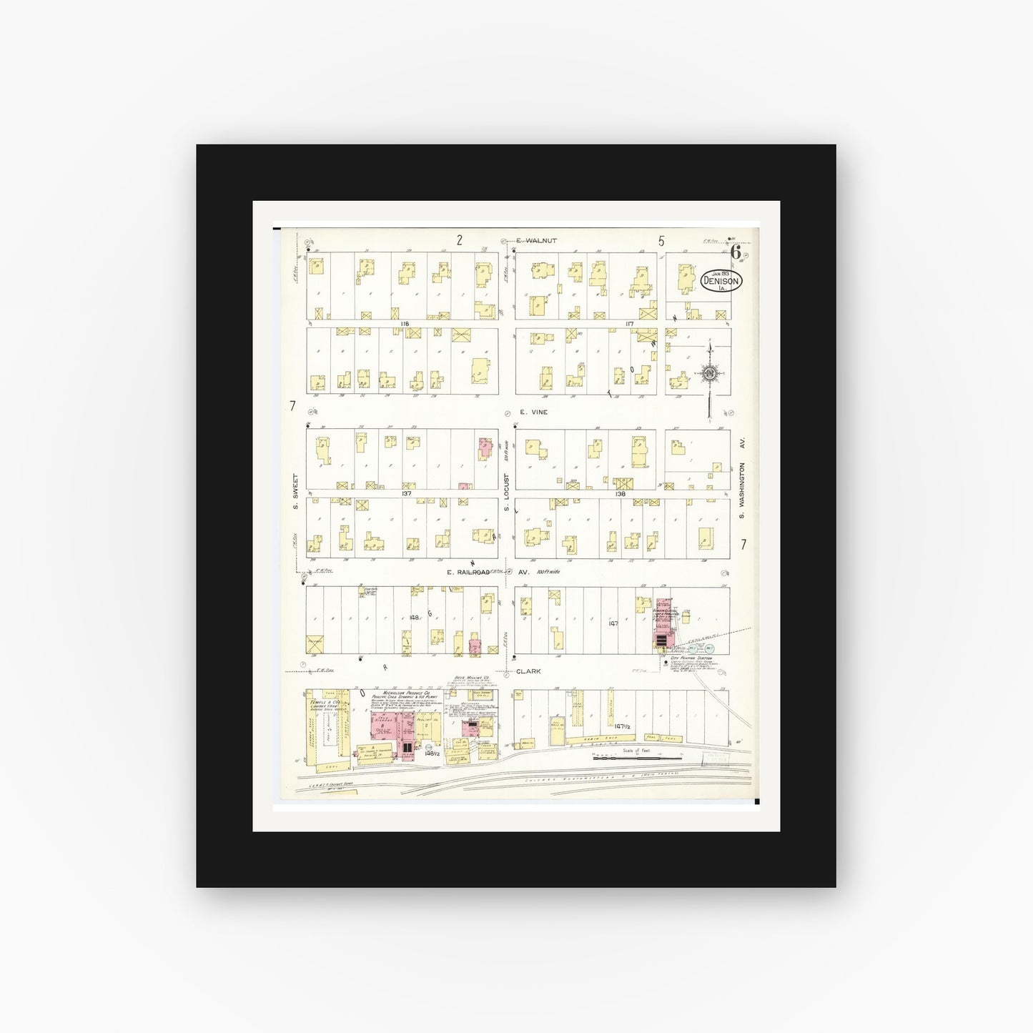 Old map wall art mockup — black gallery frame with white mat — Sanborn Fire Insurance Map from Denison, Crawford County, Iowa (1913), Sheet #0006