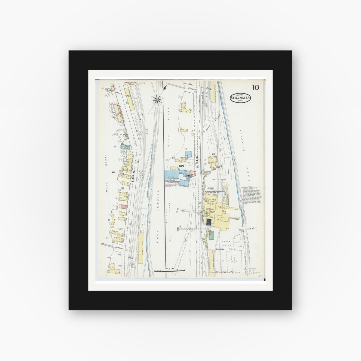 Old map wall art mockup — black gallery frame with white mat — Sanborn Fire Insurance Map from Stillwater, Washington County, Minnesota (1891), Sheet #0010