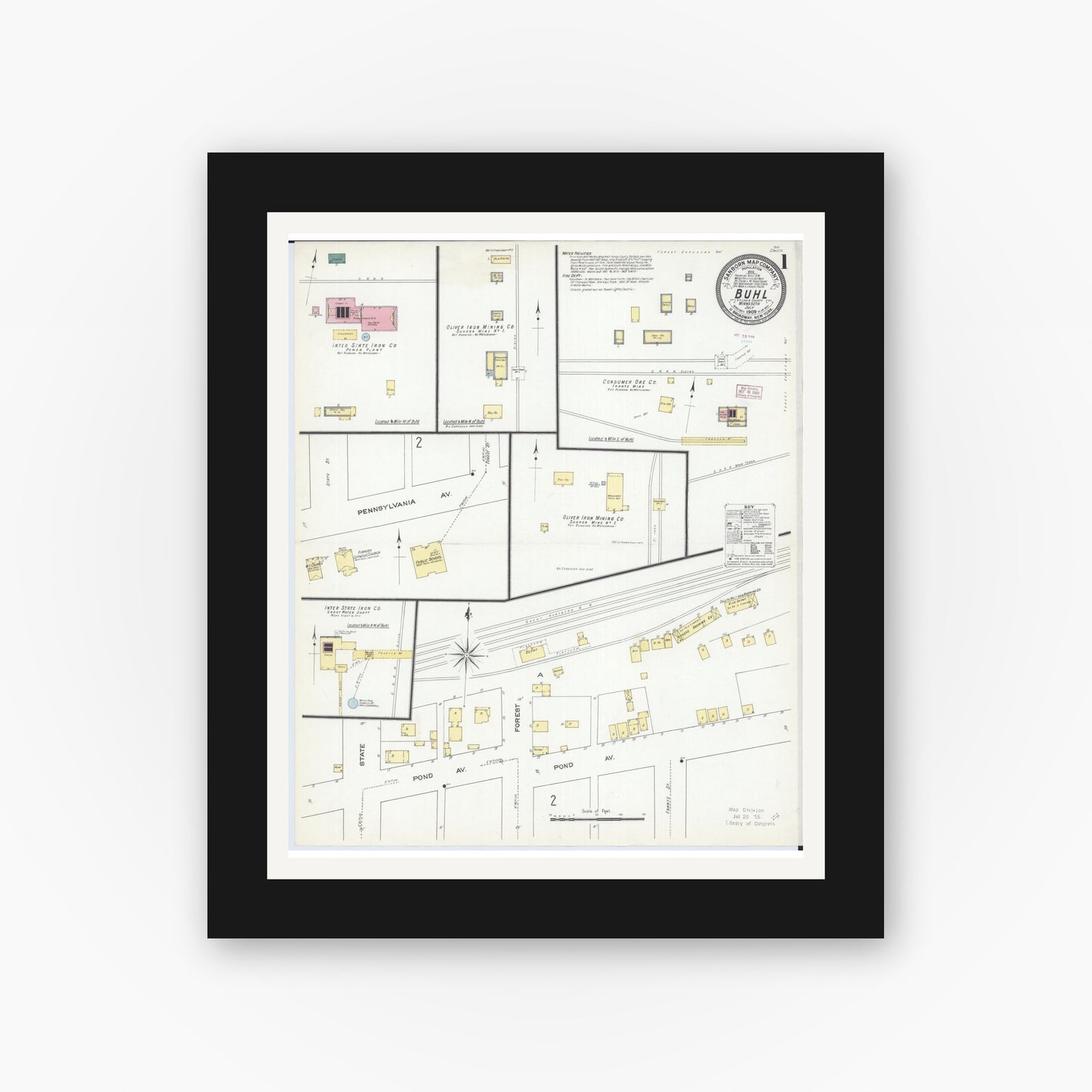 Old map wall art mockup — black gallery frame with white mat — Sanborn Fire Insurance Map from Buhl, Saint Louis County, Minnesota (1909), Sheet #0001