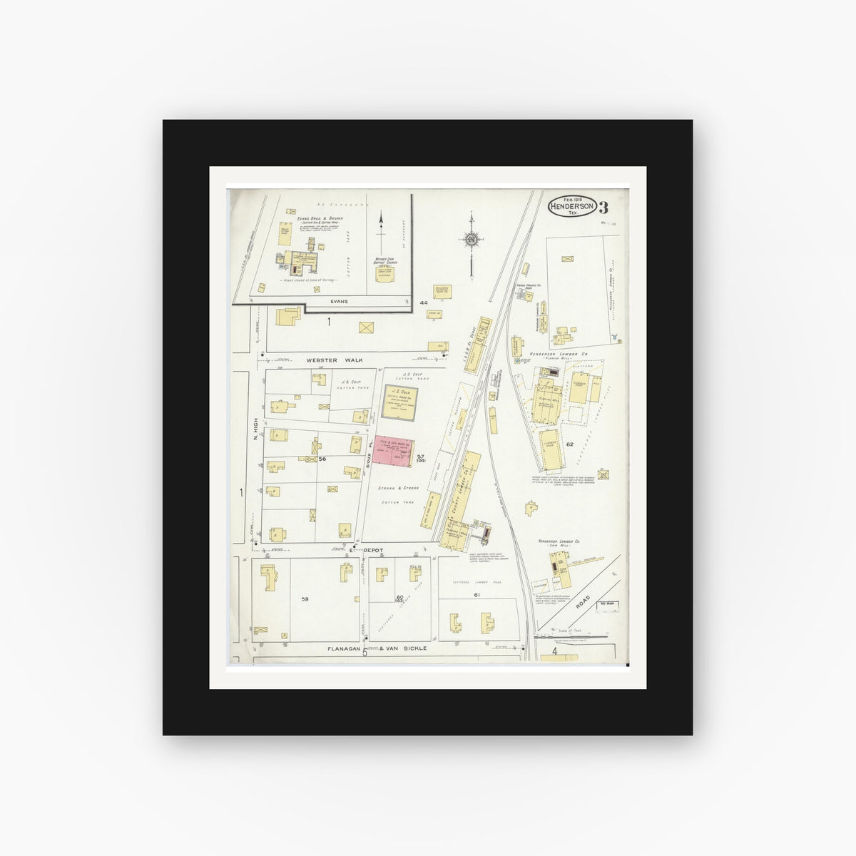 Old map wall art mockup — black gallery frame with white mat — Sanborn Fire Insurance Map from Henderson, Rusk County, Texas (1919), Sheet #0003