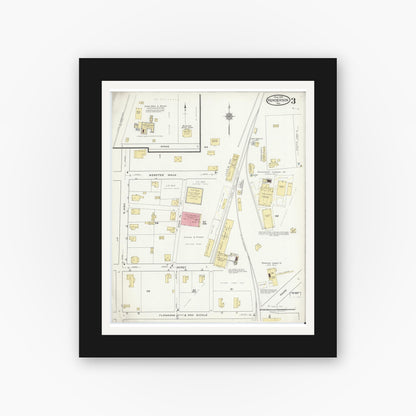 Old map wall art mockup — black gallery frame with white mat — Sanborn Fire Insurance Map from Henderson, Rusk County, Texas (1919), Sheet #0003