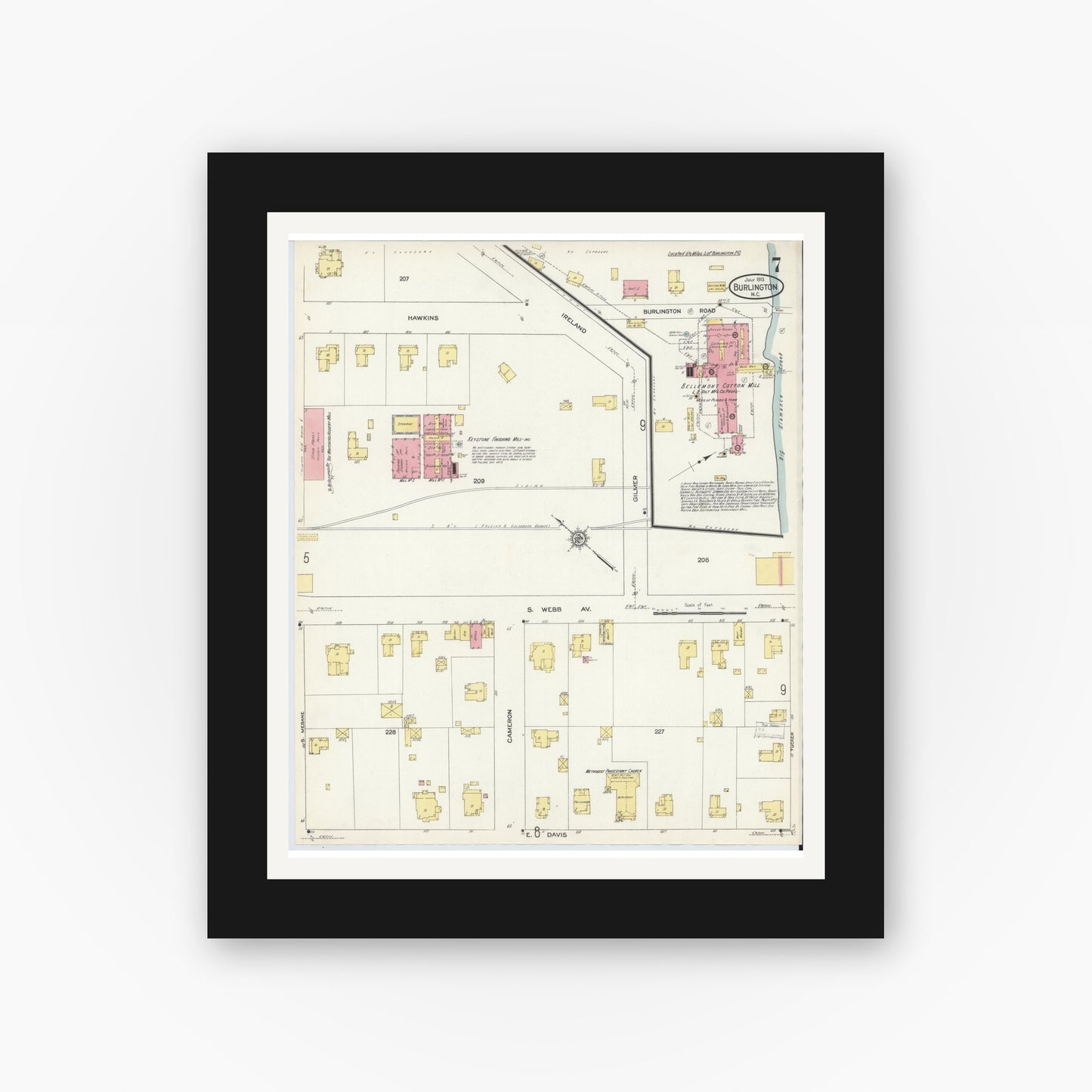 Old map wall art mockup — black gallery frame with white mat — Sanborn Fire Insurance Map from Burlington, Alamance County, North Carolina (1913), Sheet #0007