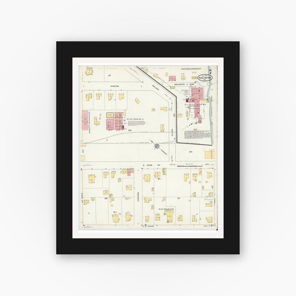 Old map wall art mockup — black gallery frame with white mat — Sanborn Fire Insurance Map from Burlington, Alamance County, North Carolina (1913), Sheet #0007