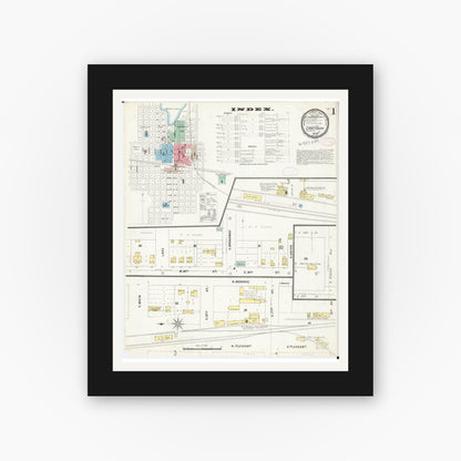 Old map wall art mockup — black gallery frame with white mat — Sanborn Fire Insurance Map from Emmetsburg, Palo Alto County, Iowa (1897) â€” Complete Set