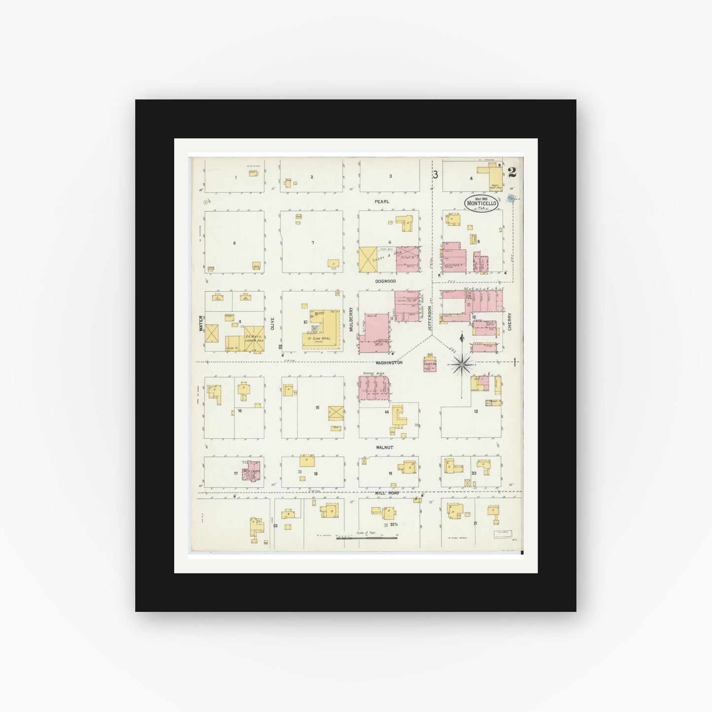 Old map wall art mockup — black gallery frame with white mat — Sanborn Fire Insurance Map from Monticello, Jefferson County, Florida (1903), Sheet #0002