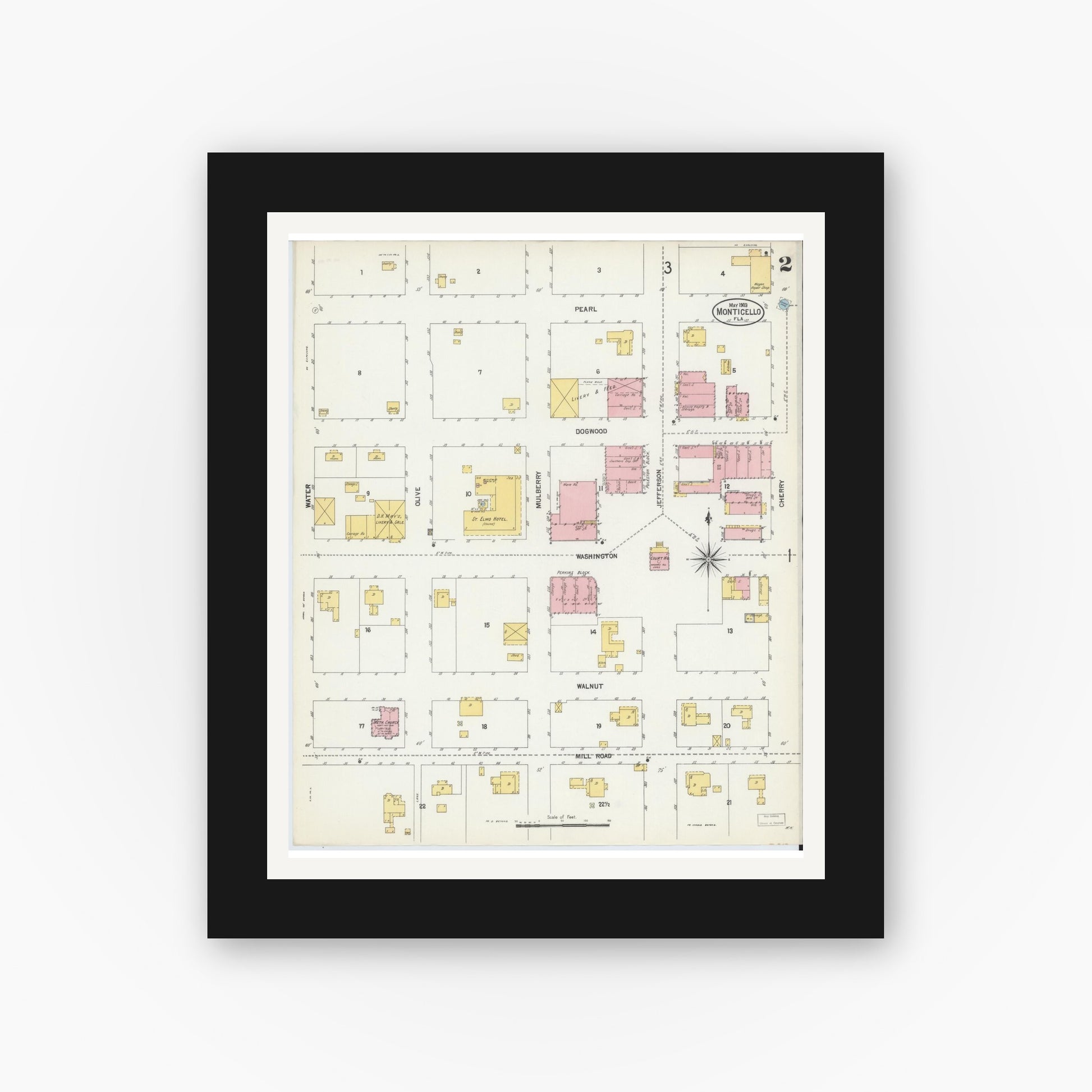 Old map wall art mockup — black gallery frame with white mat — Sanborn Fire Insurance Map from Monticello, Jefferson County, Florida (1903), Sheet #0002