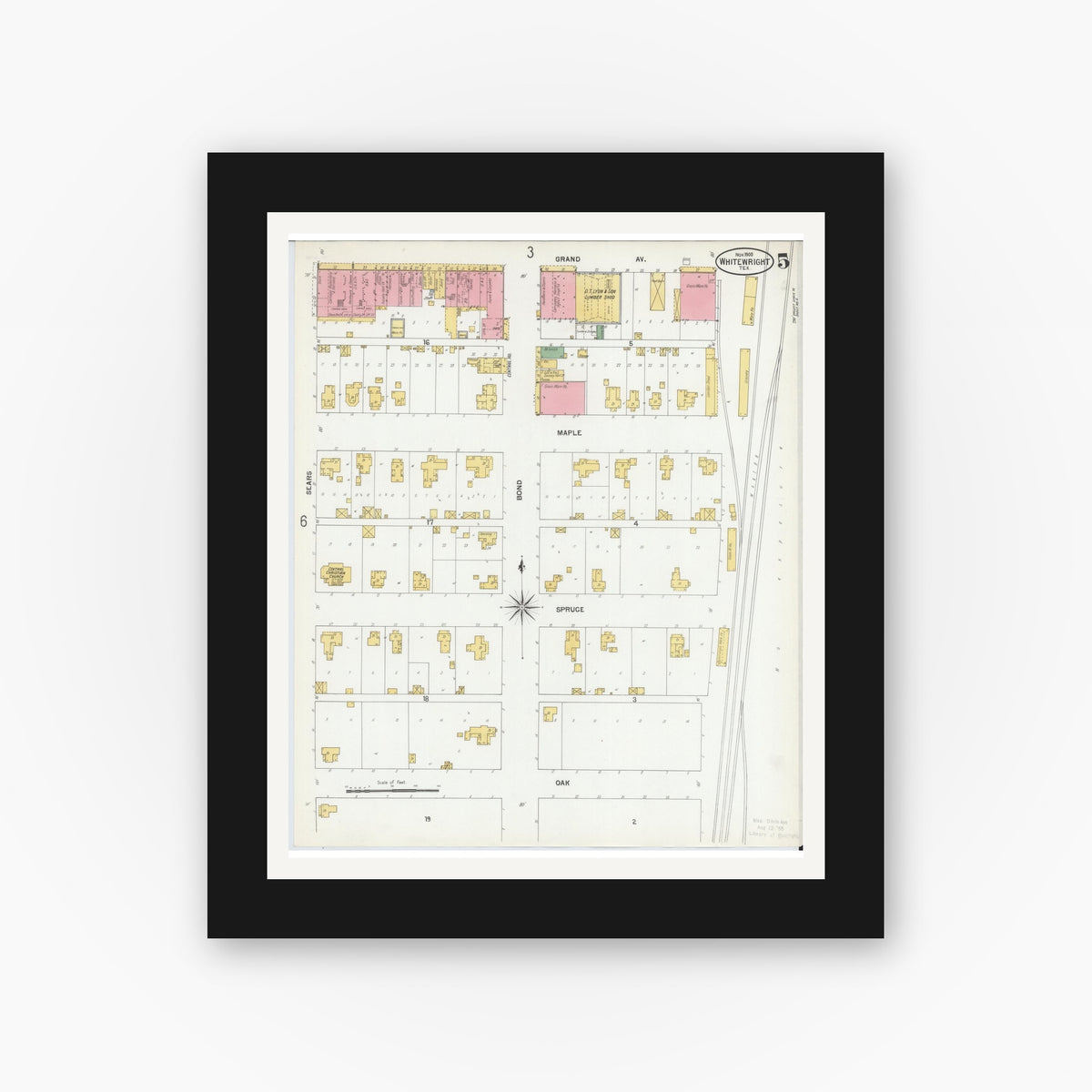 Old map wall art mockup — black gallery frame with white mat — Sanborn Fire Insurance Map from Whitewright, Grayson County, Texas (1900), Sheet #0005