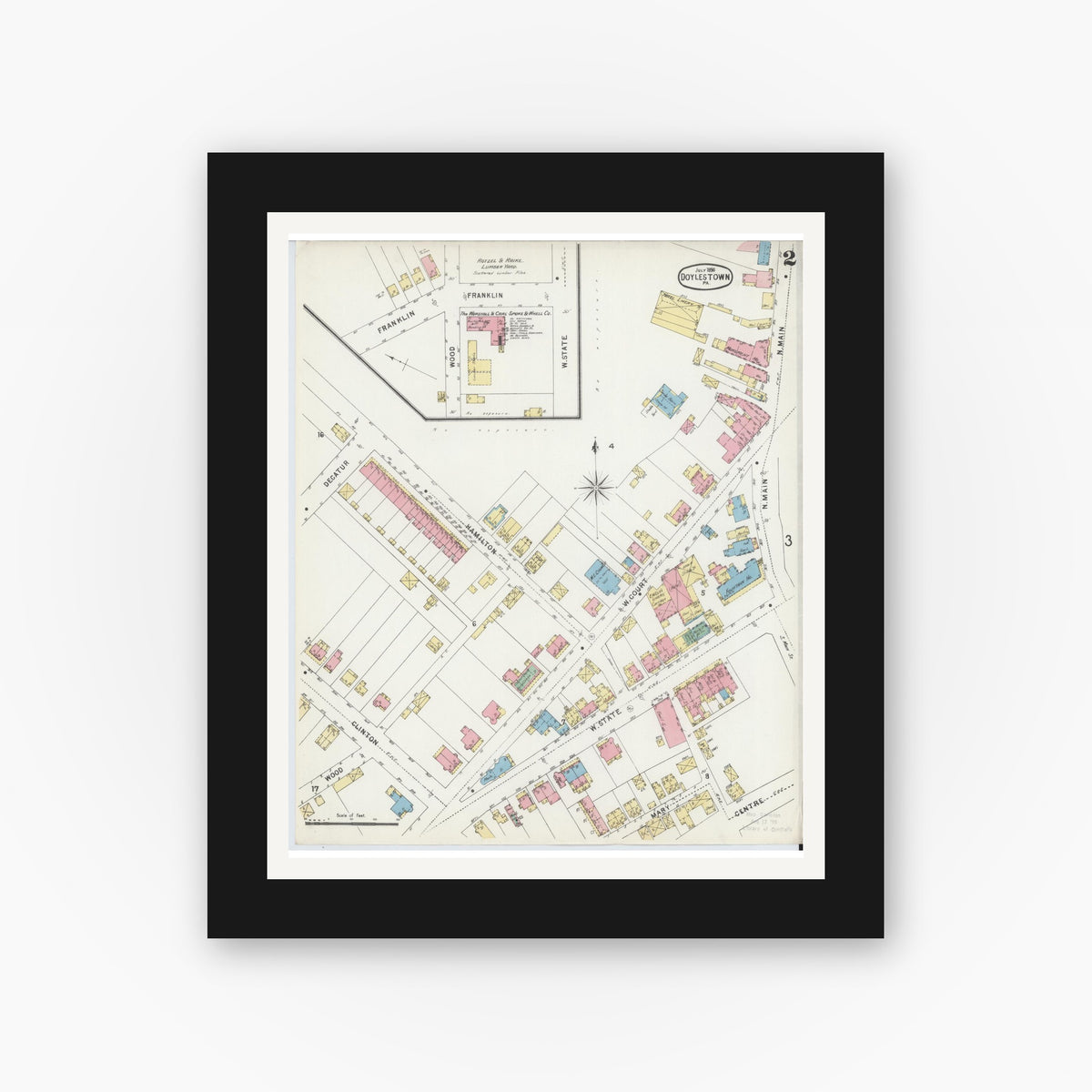 Old map wall art mockup — black gallery frame with white mat — Sanborn Fire Insurance Map from Doylestown, Bucks County, Pennsylvania (1896), Sheet #0002
