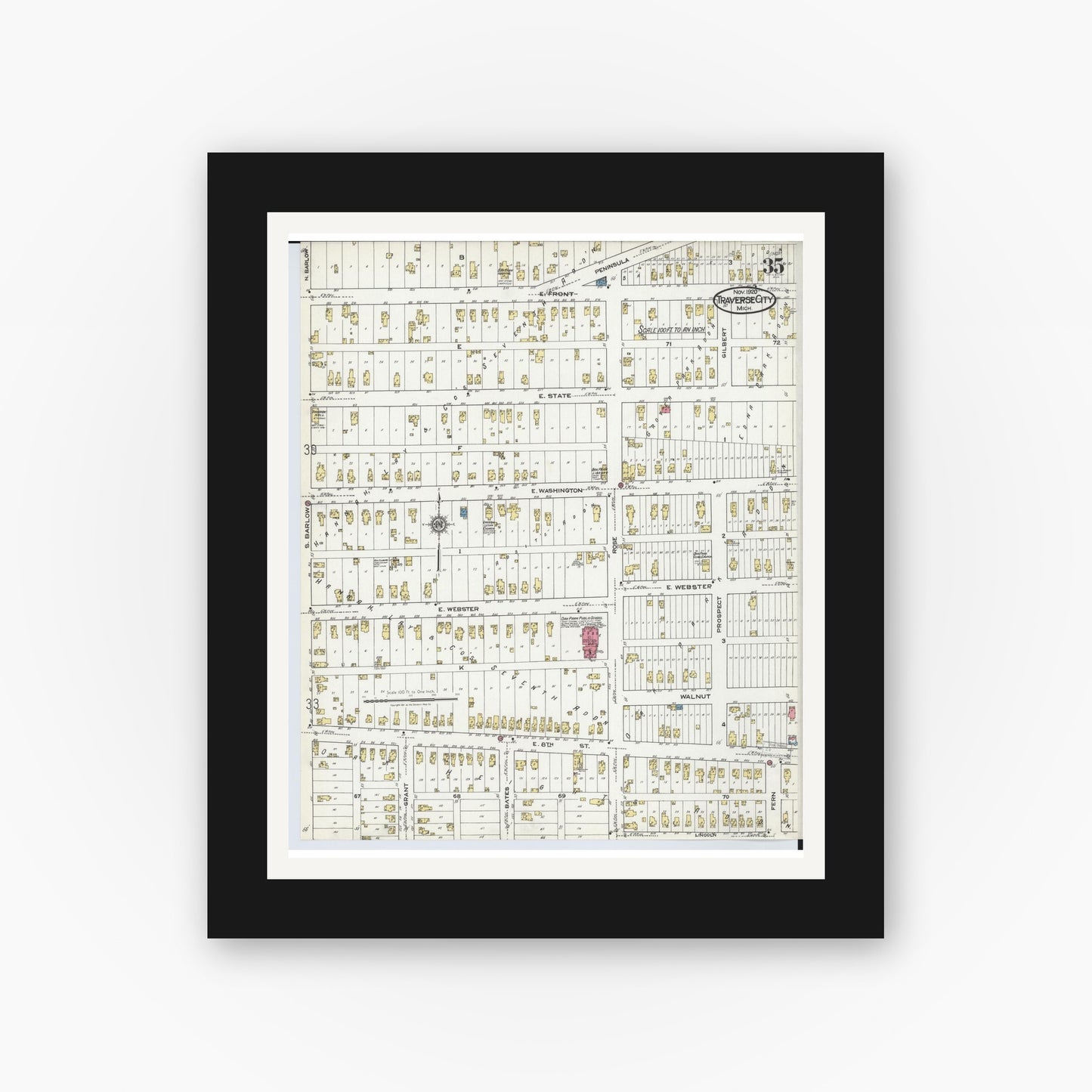 Old map wall art mockup — black gallery frame with white mat — Sanborn Fire Insurance Map from Traverse City, Grand Traverse County, Michigan (1920), Sheet #0035