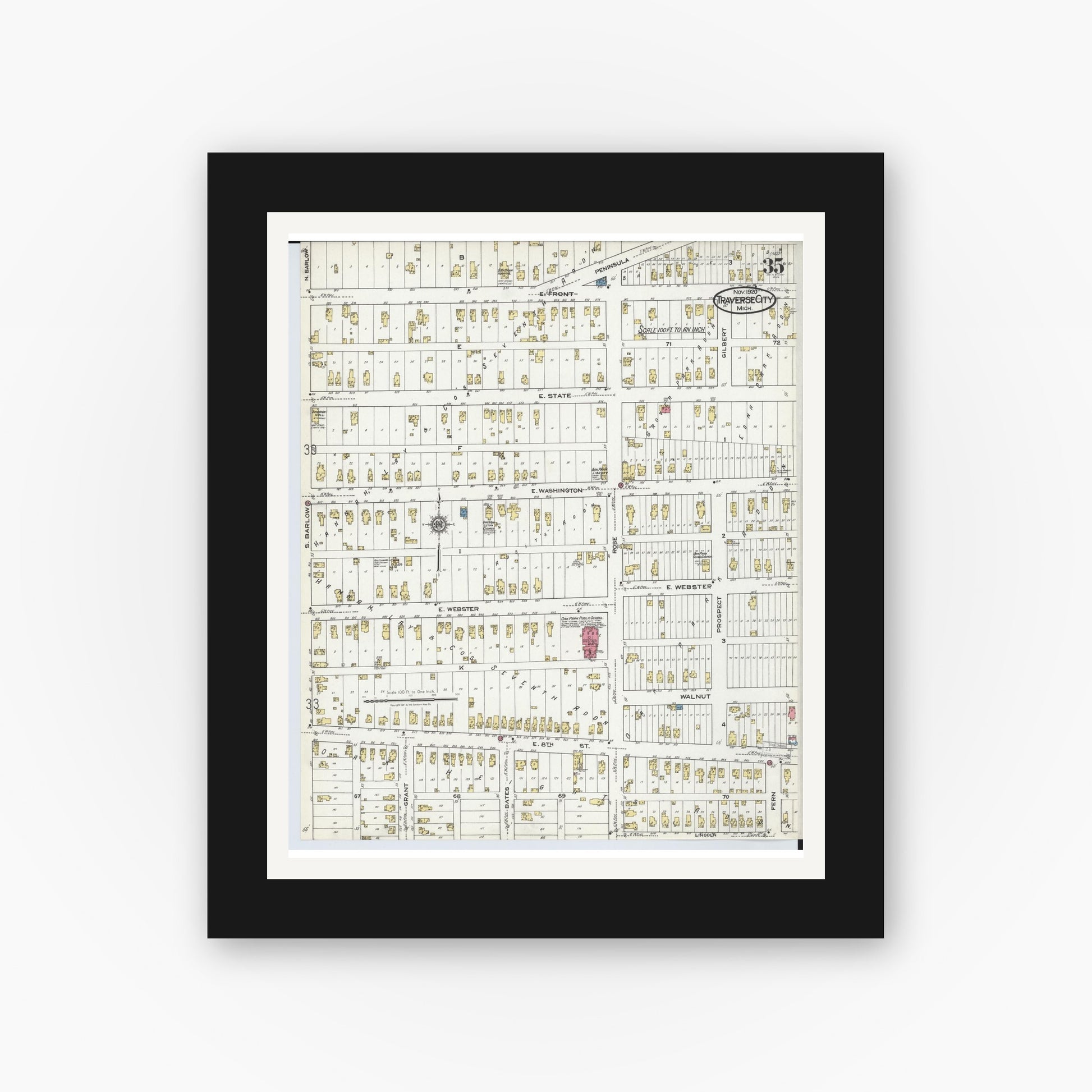 Old map wall art mockup — black gallery frame with white mat — Sanborn Fire Insurance Map from Traverse City, Grand Traverse County, Michigan (1920), Sheet #0035