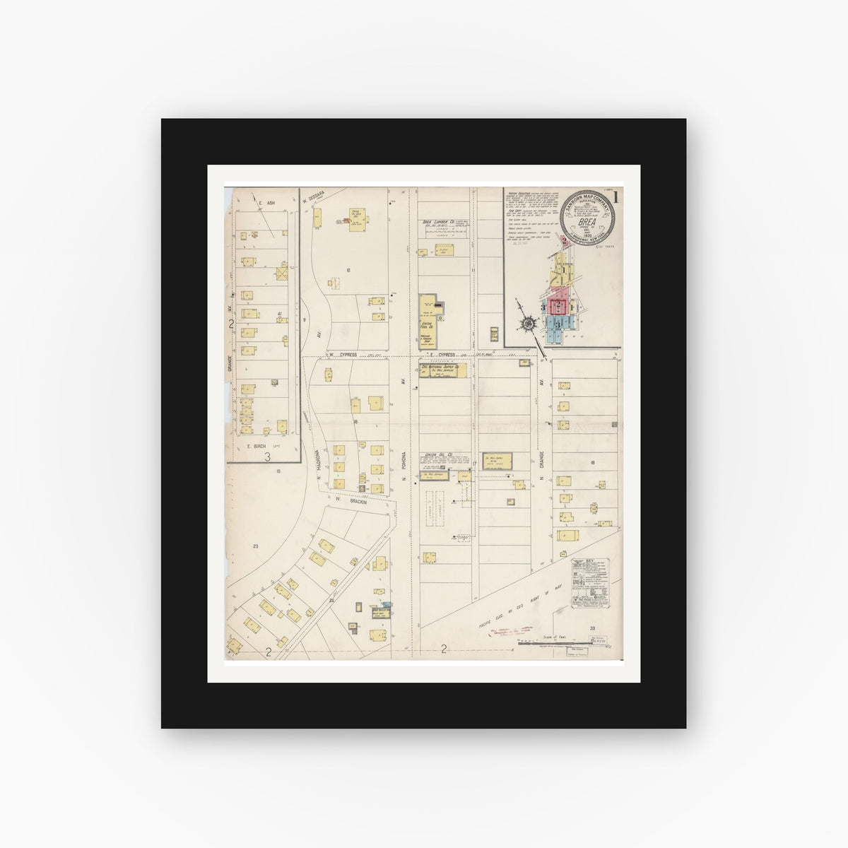 Old map wall art mockup — black gallery frame with white mat — Sanborn Fire Insurance Map from Brea, Orange County, California (1920), Sheet #0001