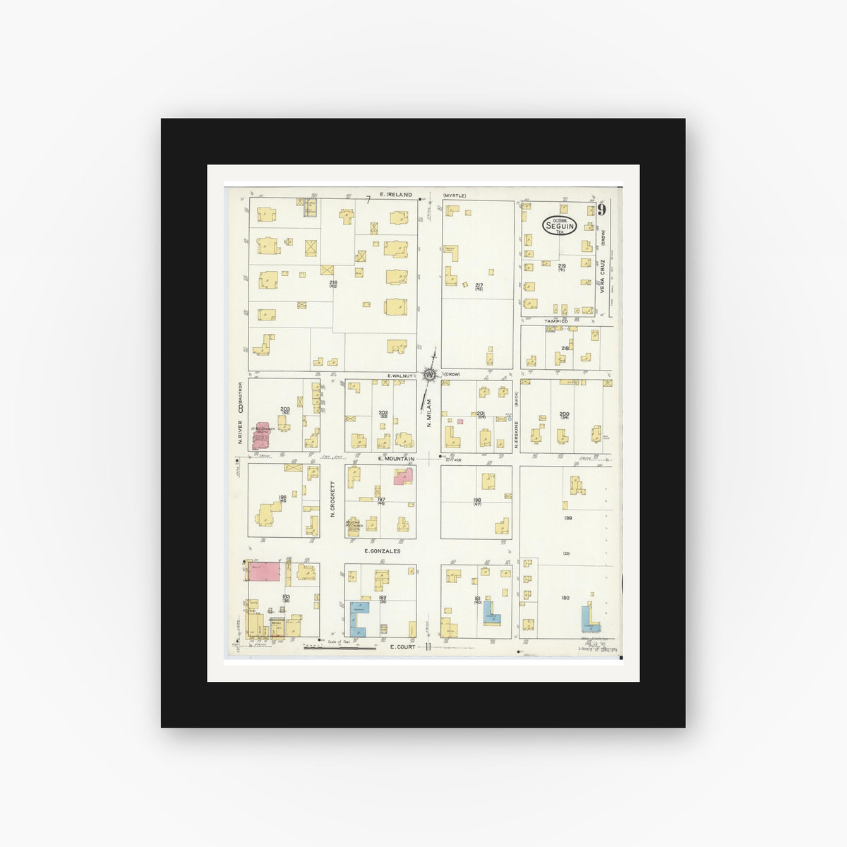 Old map wall art mockup — black gallery frame with white mat — Sanborn Fire Insurance Map from Seguin, Guadalupe County, Texas (1916), Sheet #0009