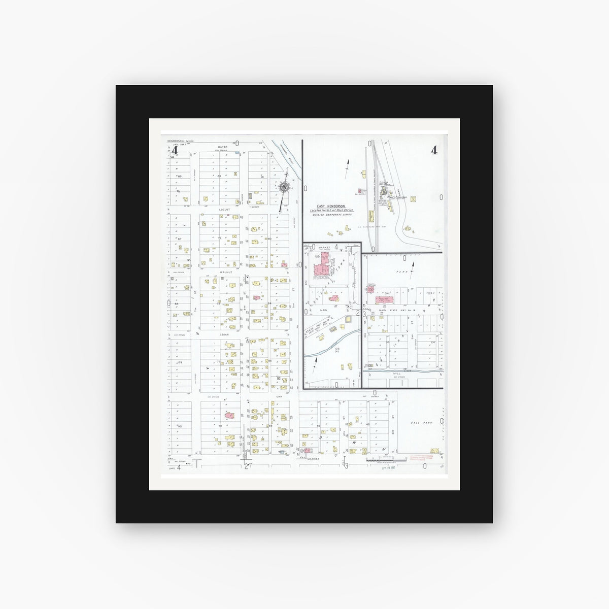 Old map wall art mockup — black gallery frame with white mat — Sanborn Fire Insurance Map from Henderson, Sibley County, Minnesota (1947), Sheet #0004