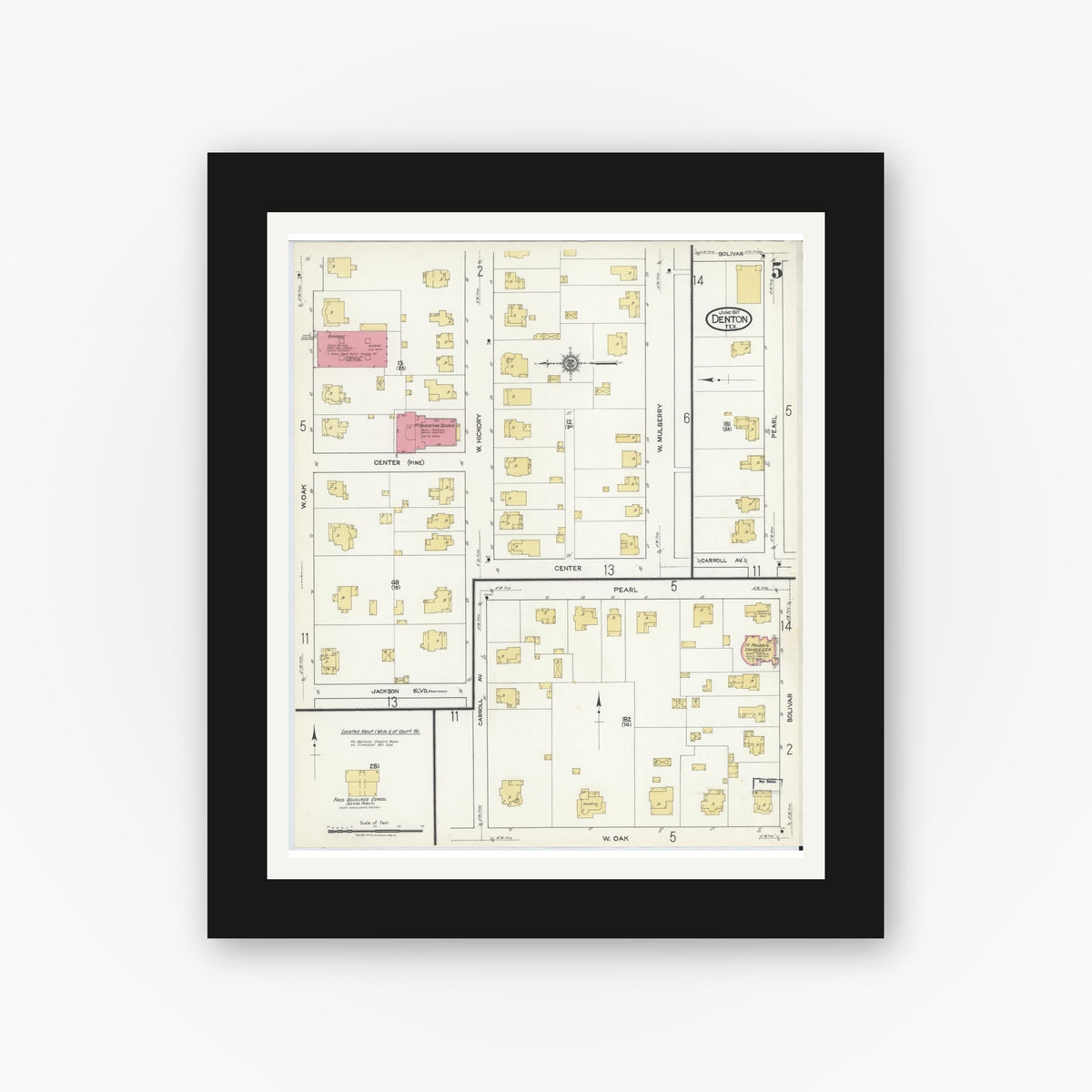 Old map wall art mockup — black gallery frame with white mat — Sanborn Fire Insurance Map from Denton, Denton County, Texas (1917), Sheet #0005