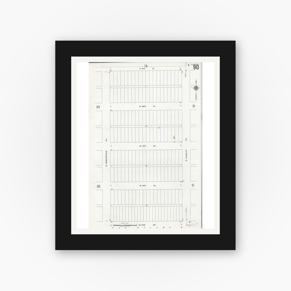Old map wall art mockup — black gallery frame with white mat — Sanborn Fire Insurance Map from Chicago, Cook County, Illinois (1920), Sheet #0090