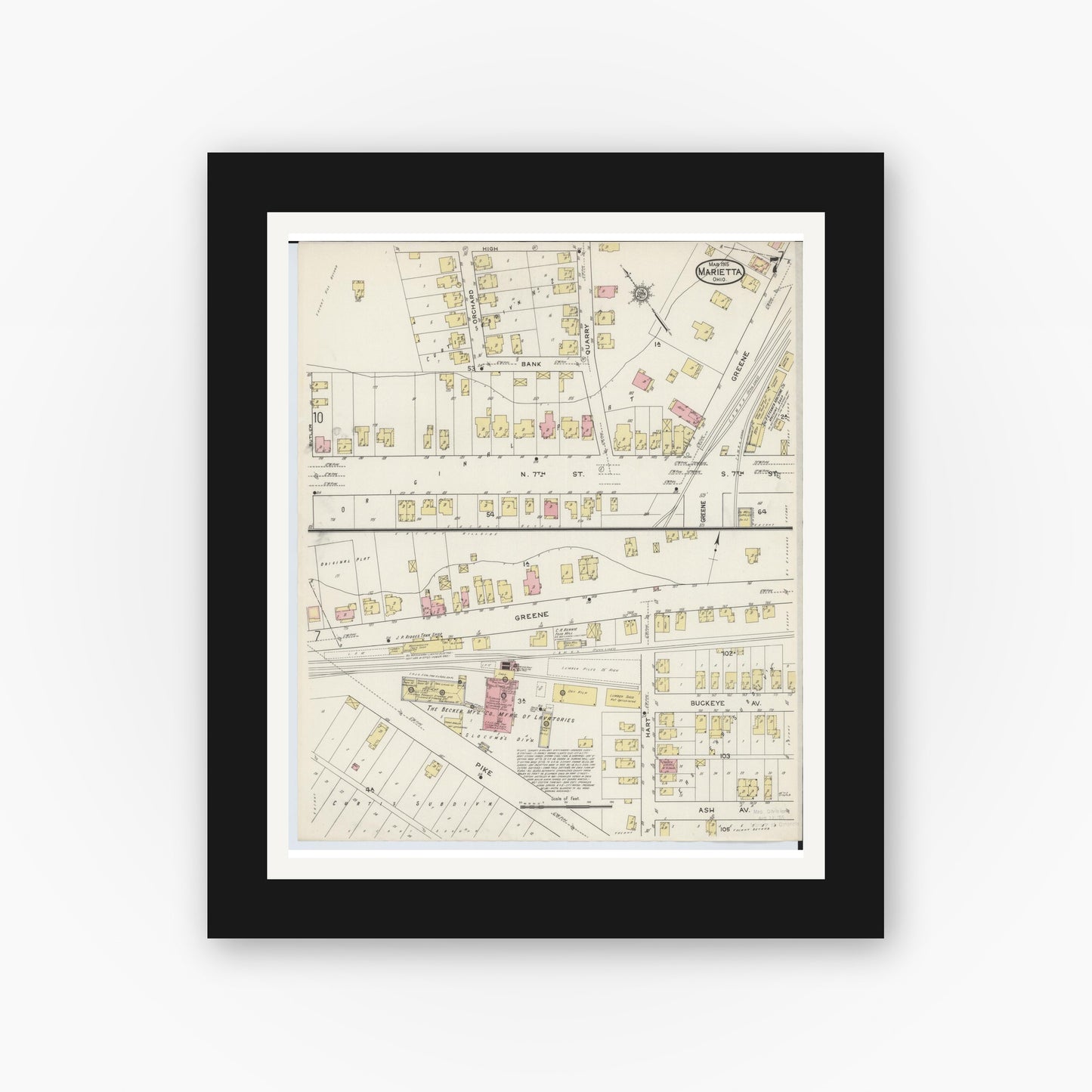 Old map wall art mockup — black gallery frame with white mat — Sanborn Fire Insurance Map from Marietta, Washington County, Ohio (1915), Sheet #0007