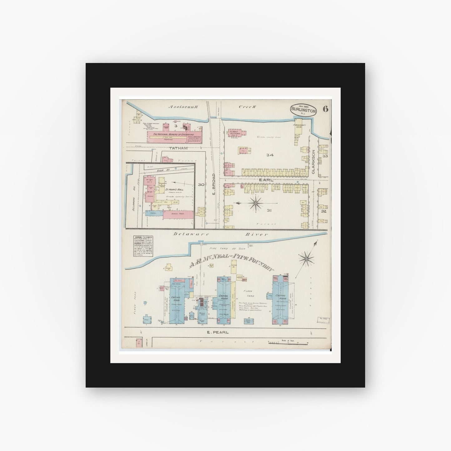 Old map wall art mockup — black gallery frame with white mat — Sanborn Fire Insurance Map from Burlington, Burlington County, New Jersey (1885), Sheet #0006