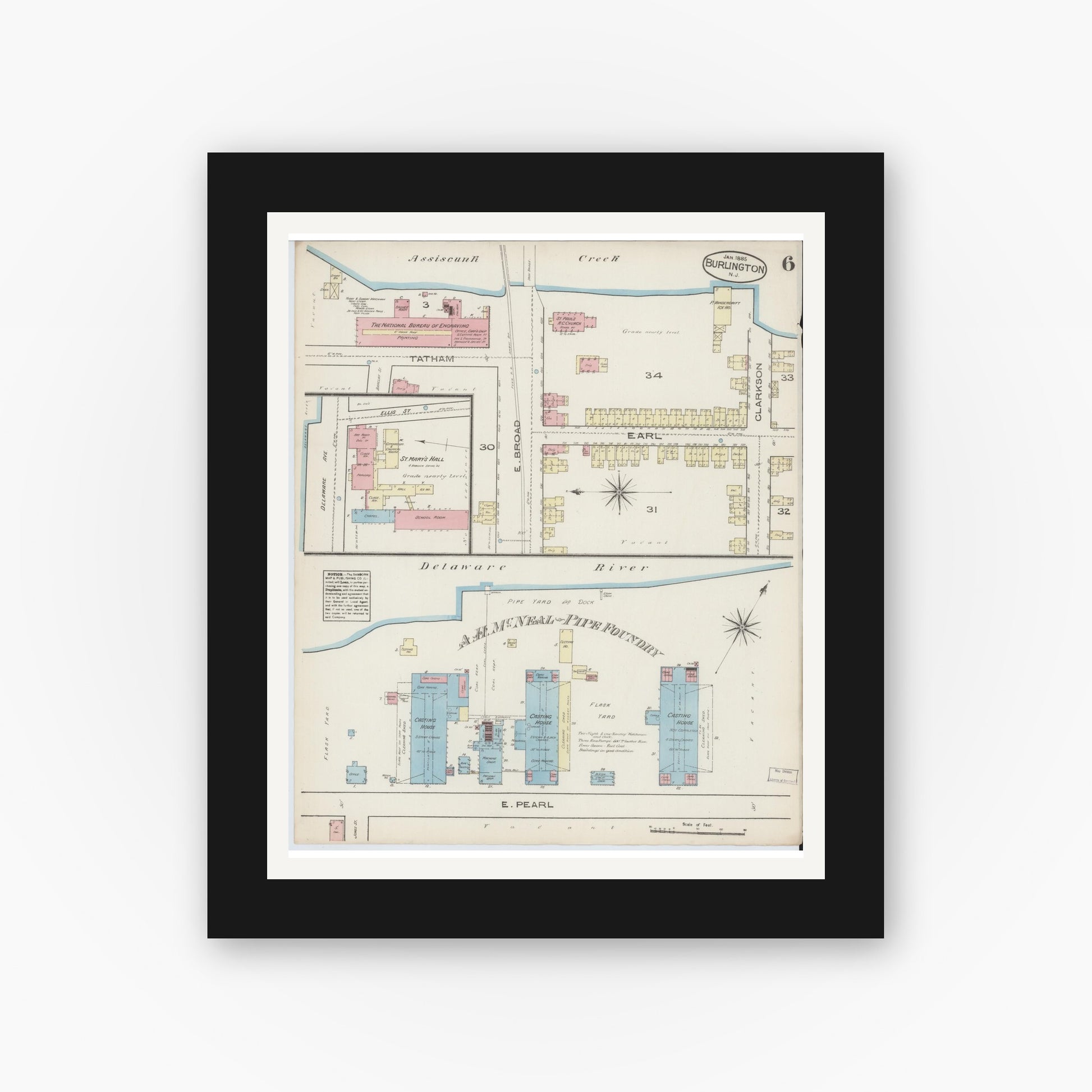 Old map wall art mockup — black gallery frame with white mat — Sanborn Fire Insurance Map from Burlington, Burlington County, New Jersey (1885), Sheet #0006