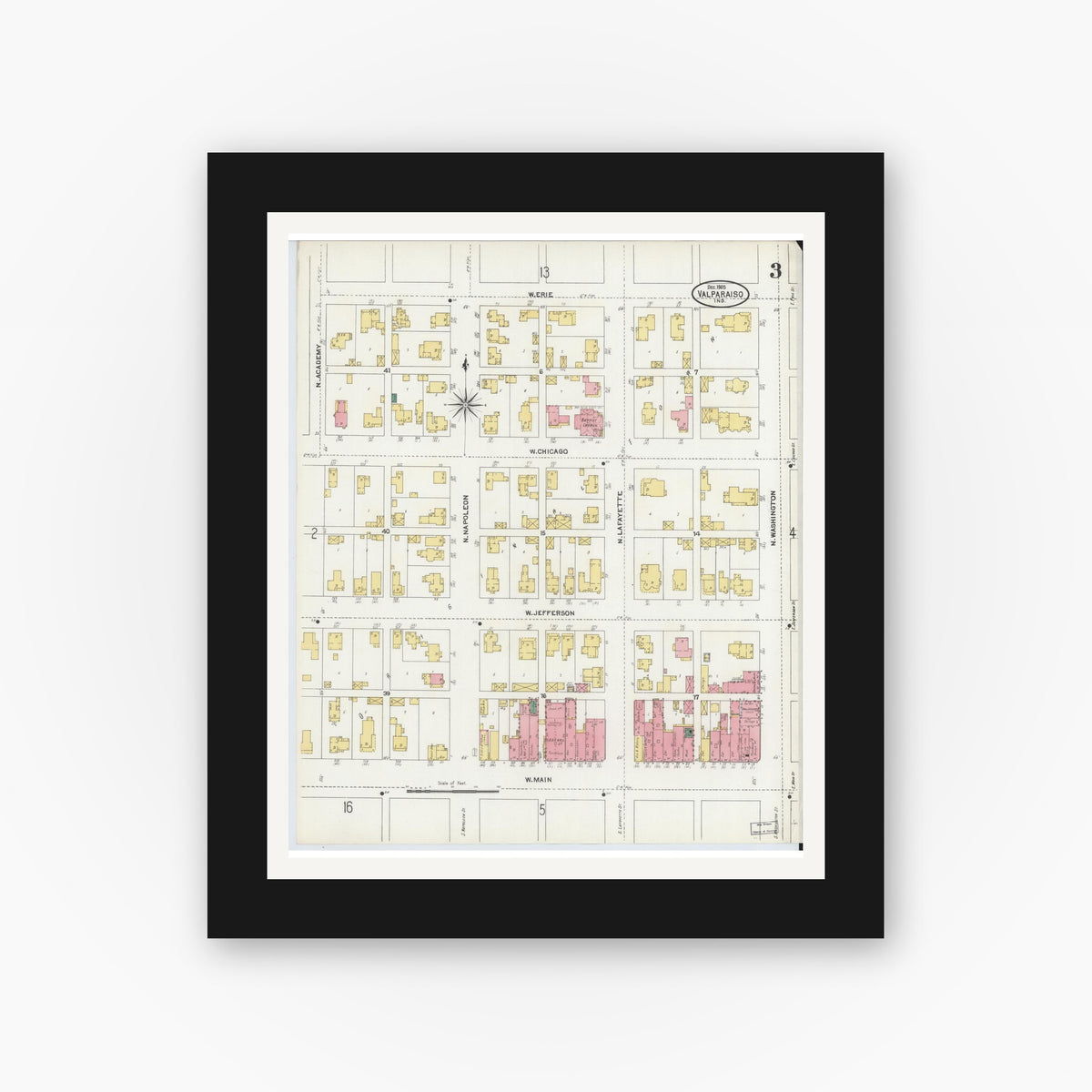 Old map wall art mockup — black gallery frame with white mat — Sanborn Fire Insurance Map from Valparaiso, Porter County, Indiana (1905), Sheet #0003