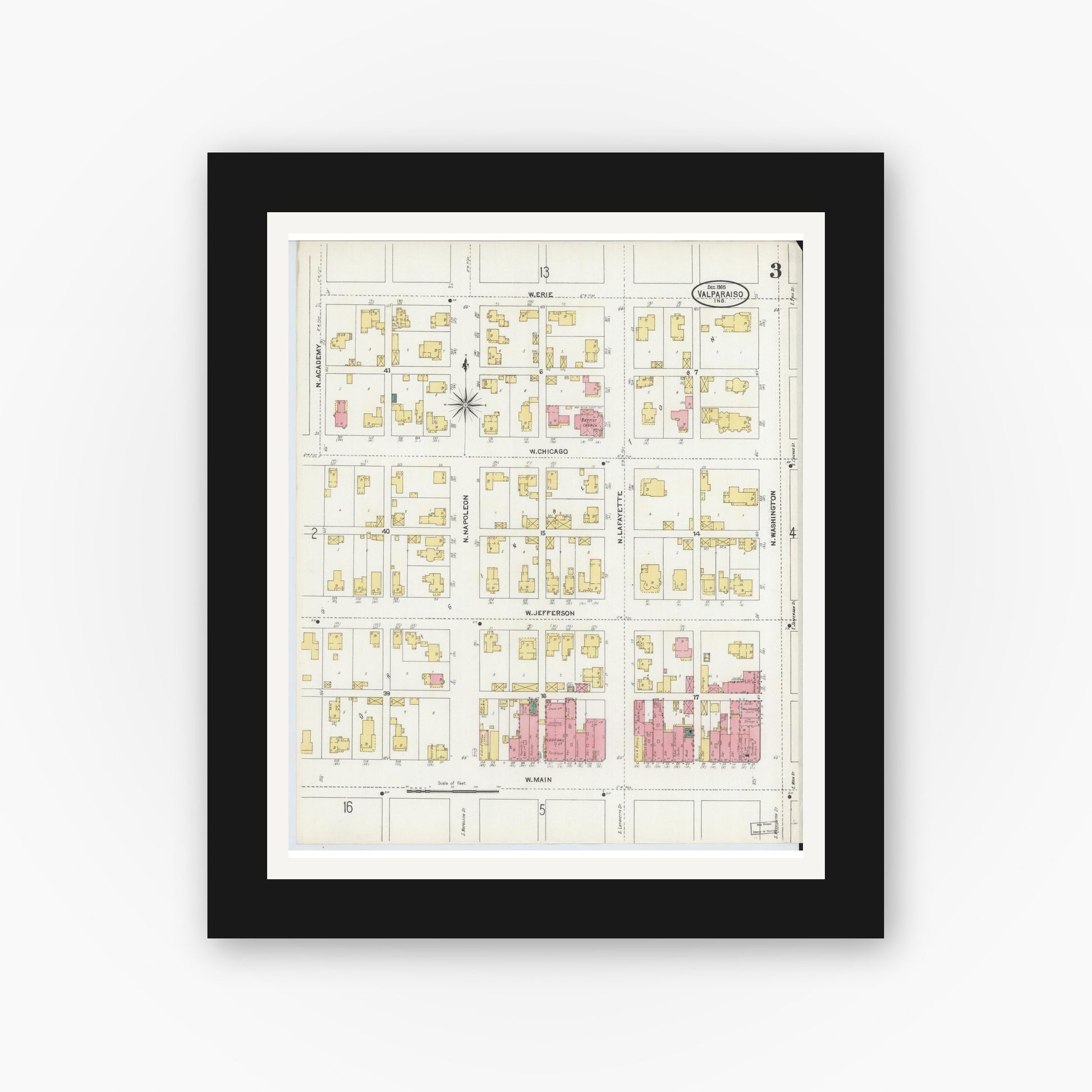 Old map wall art mockup — black gallery frame with white mat — Sanborn Fire Insurance Map from Valparaiso, Porter County, Indiana (1905), Sheet #0003