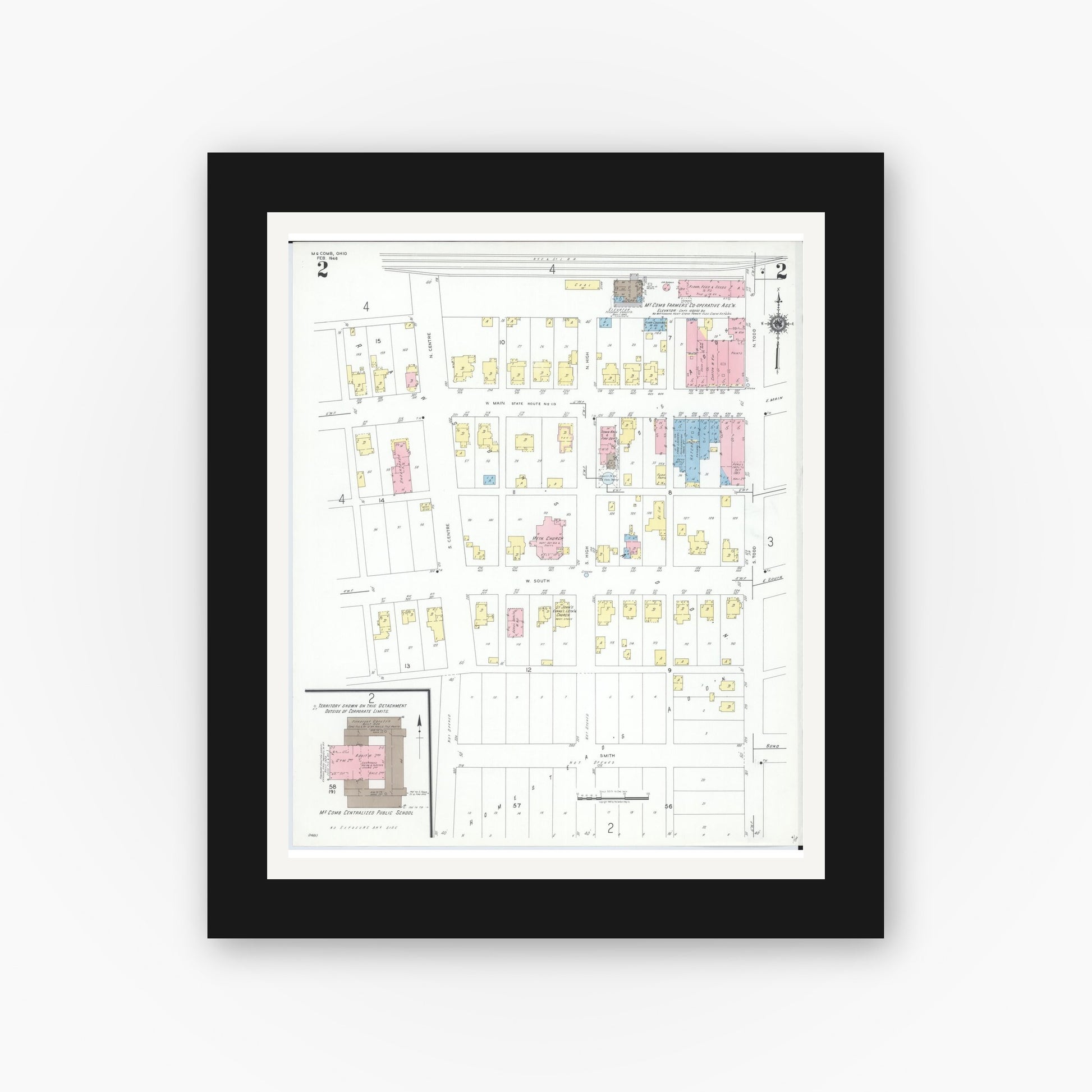 Old map wall art mockup — black gallery frame with white mat — Sanborn Fire Insurance Map from McComb, Hancock County, Ohio (1946), Sheet #0002