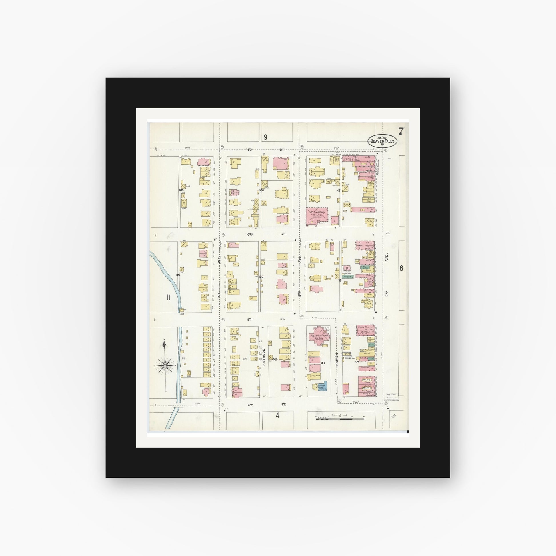 Old map wall art mockup — black gallery frame with white mat — Sanborn Fire Insurance Map from Beaver Falls, Beaver County, Pennsylvania (1907), Sheet #0007