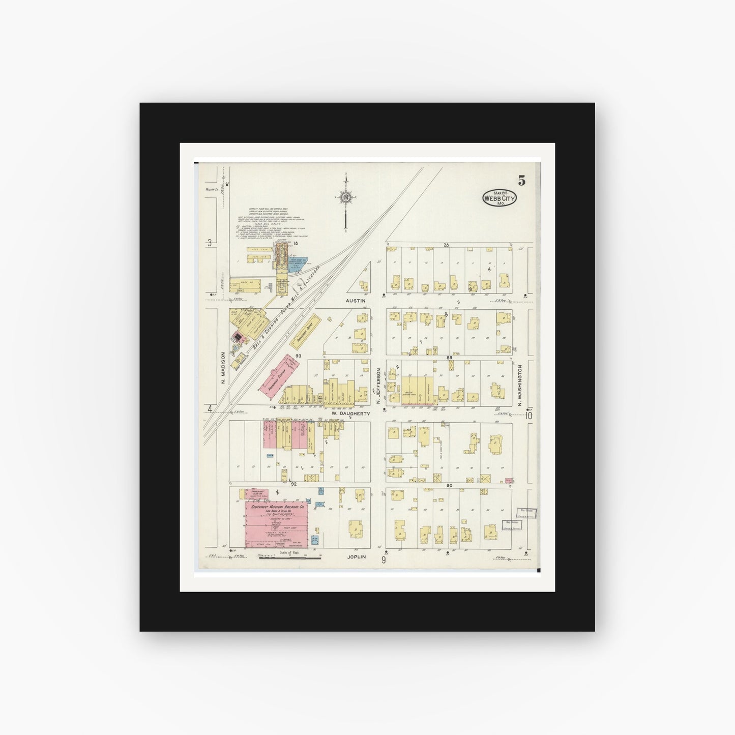 Old map wall art mockup — black gallery frame with white mat — Sanborn Fire Insurance Map from Webb City, Jasper County, Missouri (1915), Sheet #0005
