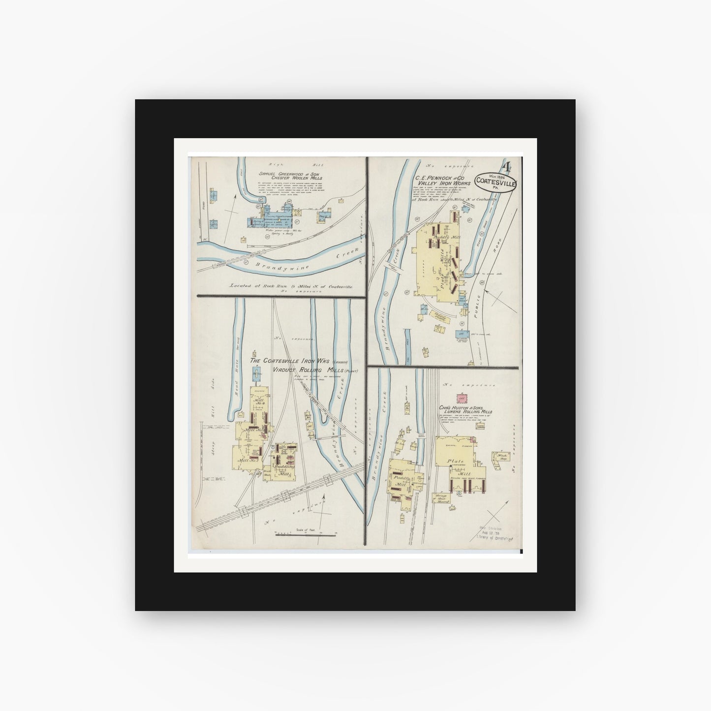 Old map wall art mockup — black gallery frame with white mat — Sanborn Fire Insurance Map from Coatesville, Chester County, Pennsylvania (1886), Sheet #0004