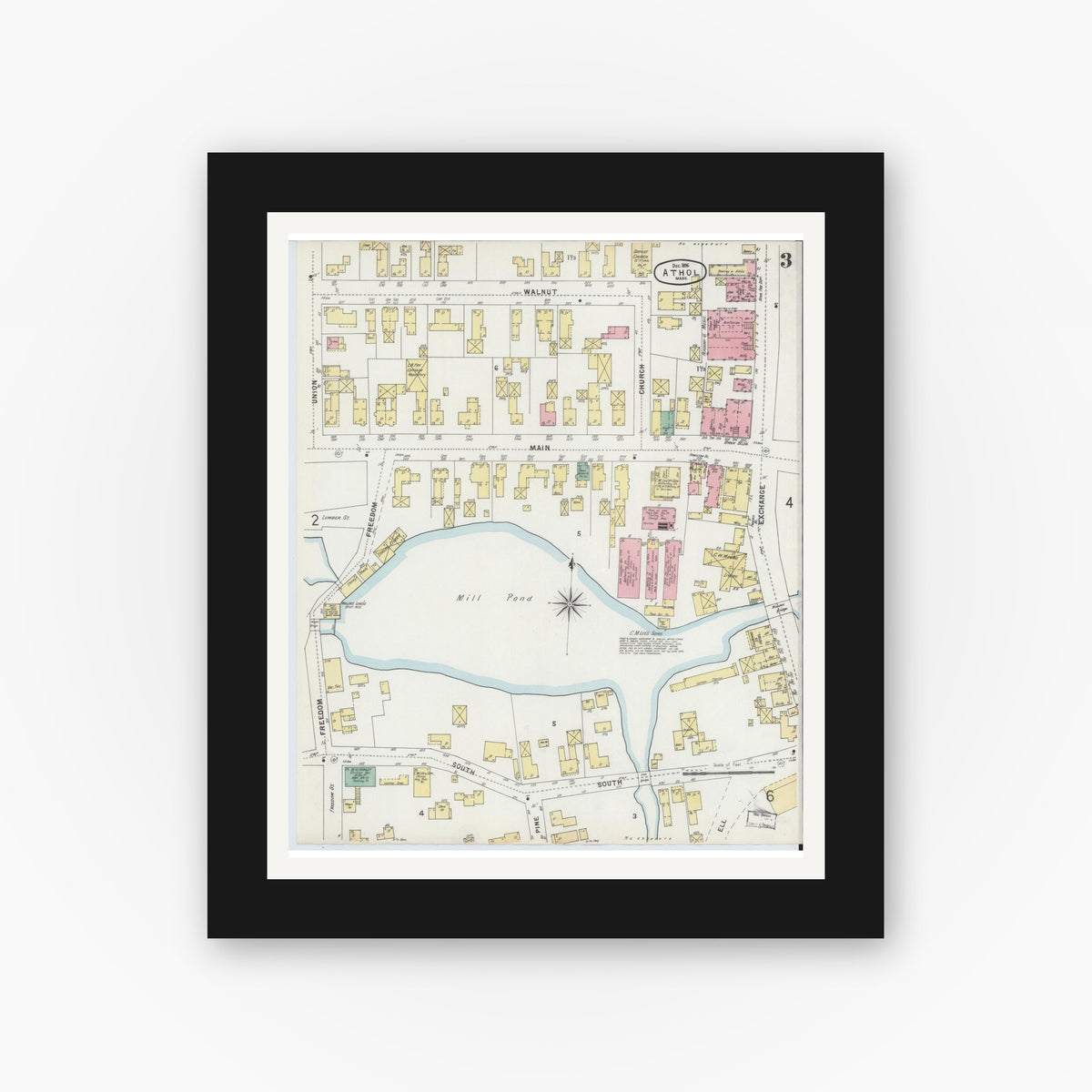 Old map wall art mockup — black gallery frame with white mat — Sanborn Fire Insurance Map from Athol, Worcester County, Massachusetts (1896), Sheet #0003