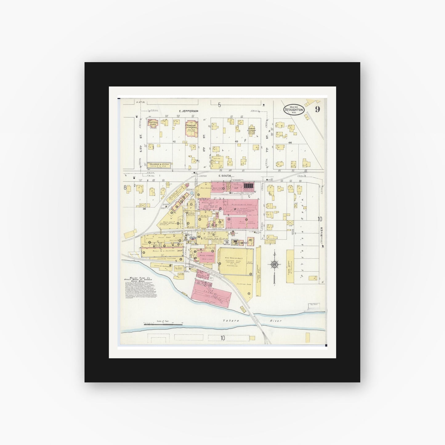 Old map wall art mockup — black gallery frame with white mat — Sanborn Fire Insurance Map from Stoughton, Dane County, Wisconsin (1912), Sheet #0009