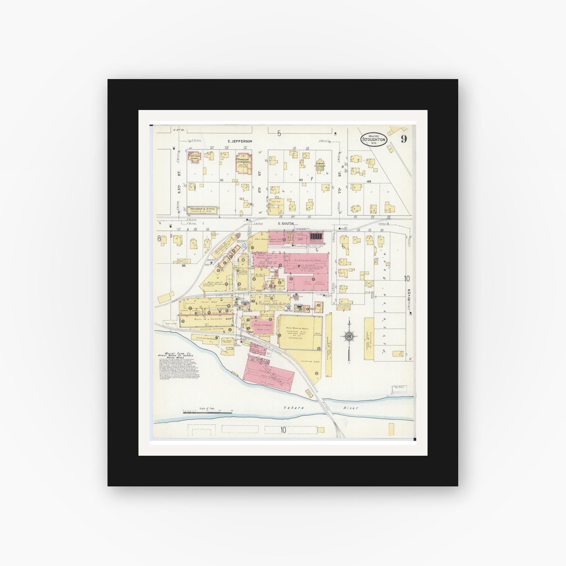 Old map wall art mockup — black gallery frame with white mat — Sanborn Fire Insurance Map from Stoughton, Dane County, Wisconsin (1912), Sheet #0009