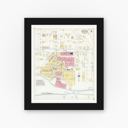 Old map wall art mockup — black gallery frame with white mat — Sanborn Fire Insurance Map from Stoughton, Dane County, Wisconsin (1912), Sheet #0009
