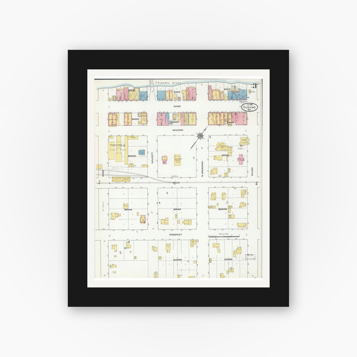Old map wall art mockup — black gallery frame with white mat — Sanborn Fire Insurance Map from Durand, Pepin County, Wisconsin (1910), Sheet #0003