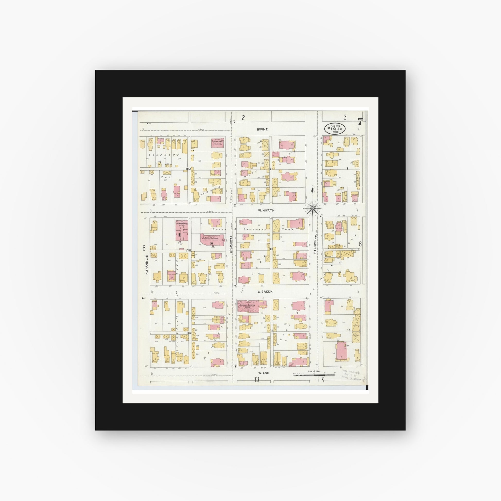 Old map wall art mockup — black gallery frame with white mat — Sanborn Fire Insurance Map from Piqua, Miami County, Ohio (1905), Sheet #0007