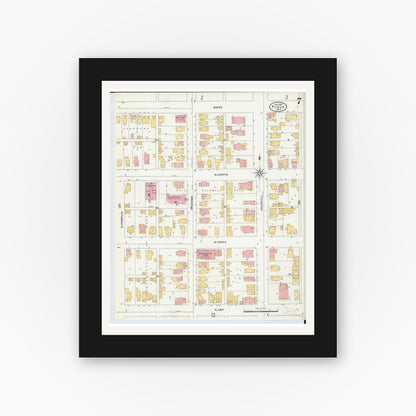 Old map wall art mockup — black gallery frame with white mat — Sanborn Fire Insurance Map from Piqua, Miami County, Ohio (1905), Sheet #0007