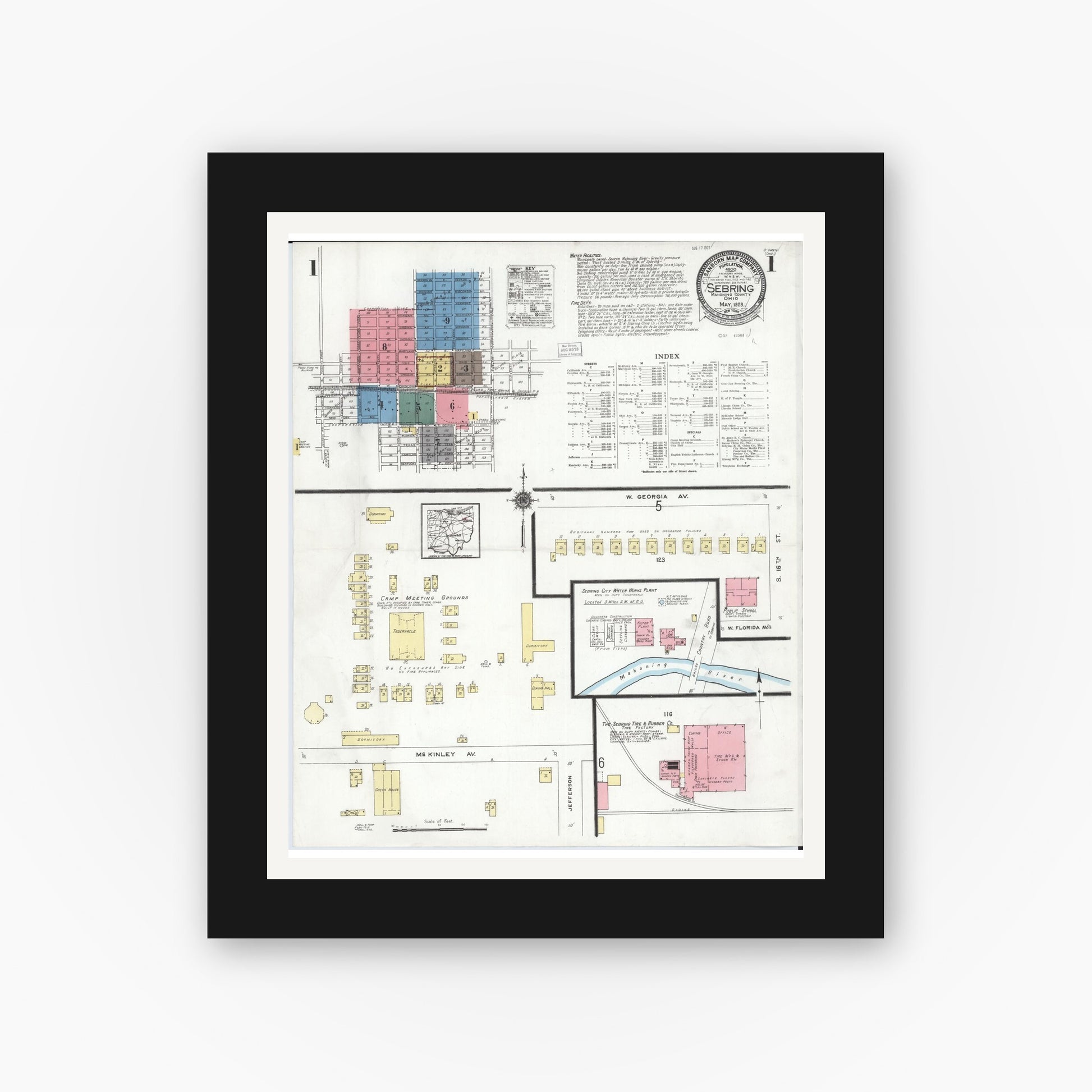 Old map wall art mockup — black gallery frame with white mat — Sanborn Fire Insurance Map from Sebring, Mahoning County, Ohio (1923) - Complete Map Set