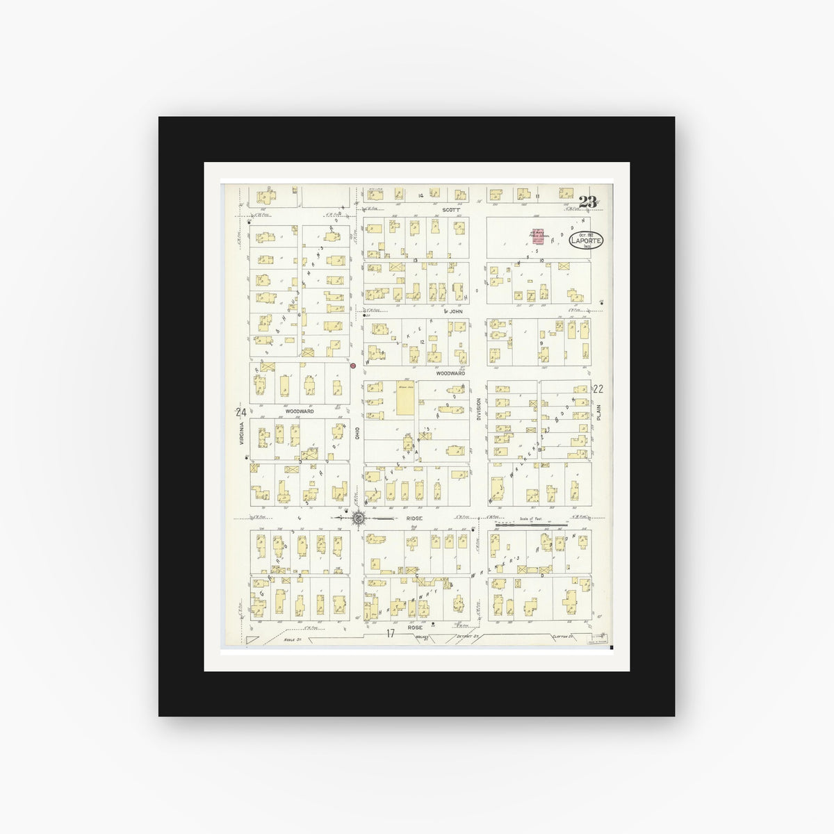 Old map wall art mockup — black gallery frame with white mat — Sanborn Fire Insurance Map from La Porte, La Porte County, Indiana (1912), Sheet #0023