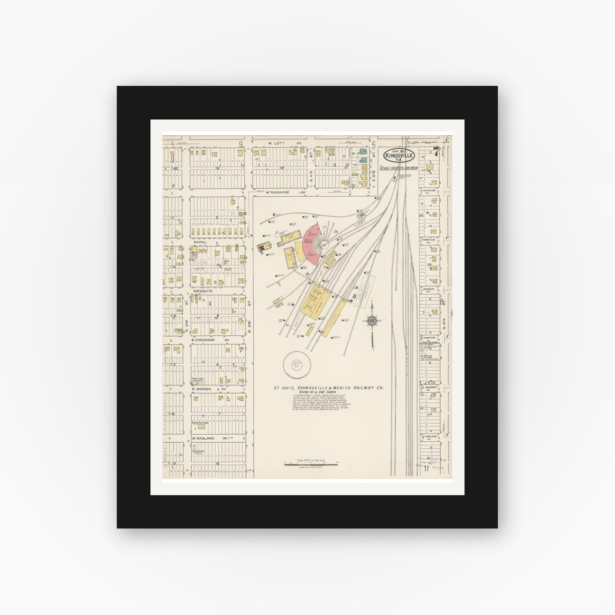 Old map wall art mockup — black gallery frame with white mat — Sanborn Fire Insurance Map from Kingsville, Kleberg County, Texas (1922), Sheet #0007