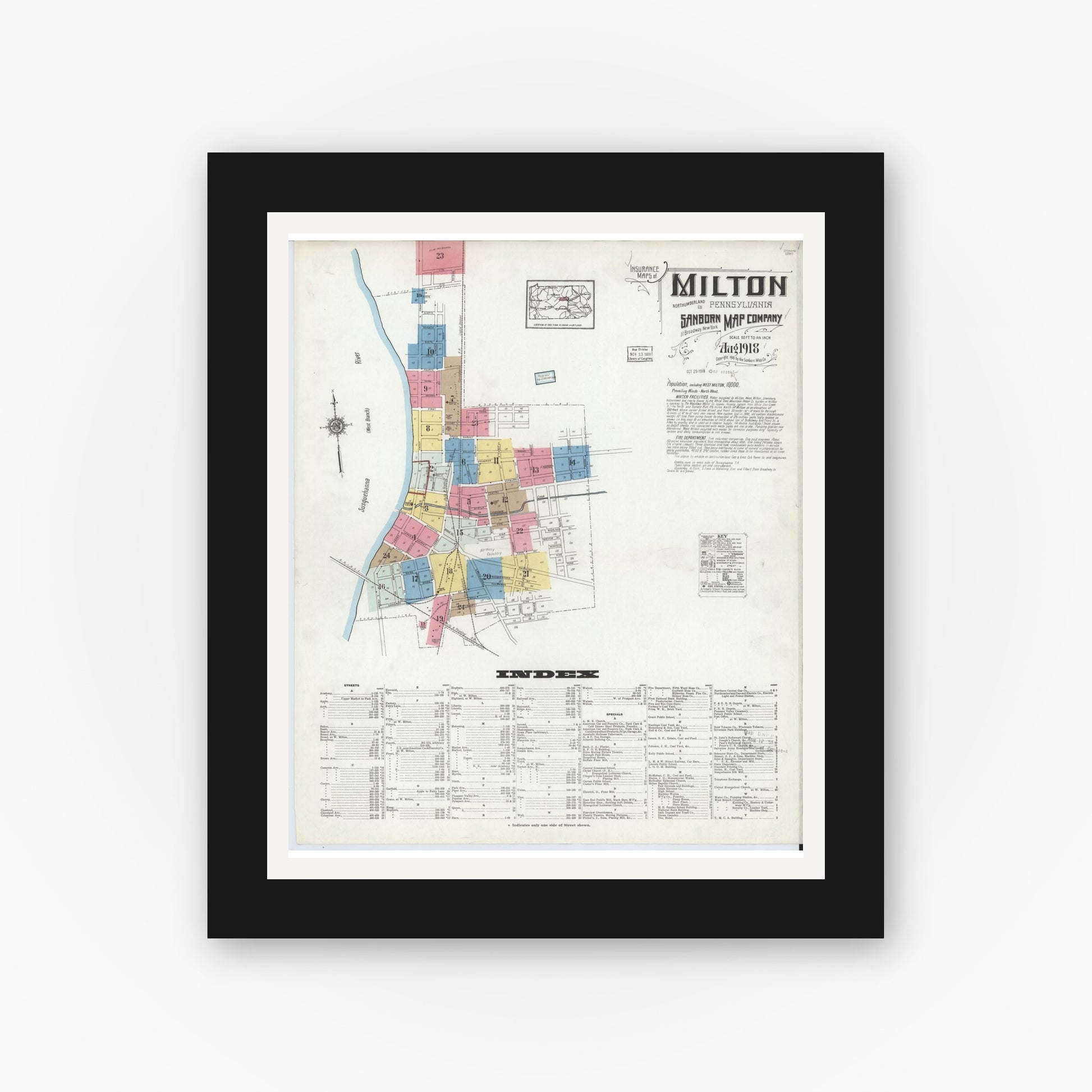 Old map wall art mockup — black gallery frame with white mat — Sanborn Fire Insurance Map from Milton, Northumberland County, Pennsylvania (1918) - Complete Map Set